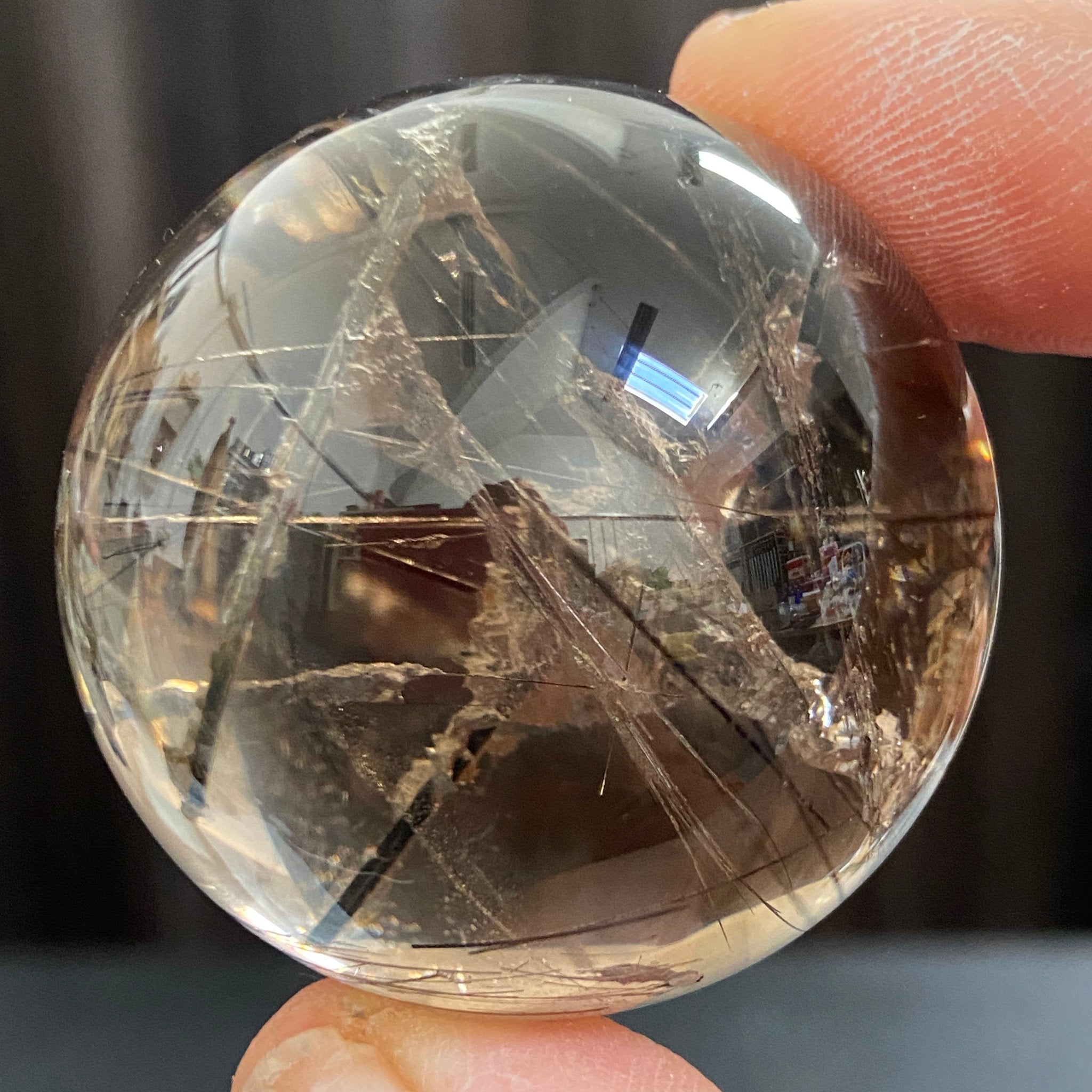 Smoky Quartz Sphere with Black Tourmaline and Pyrite