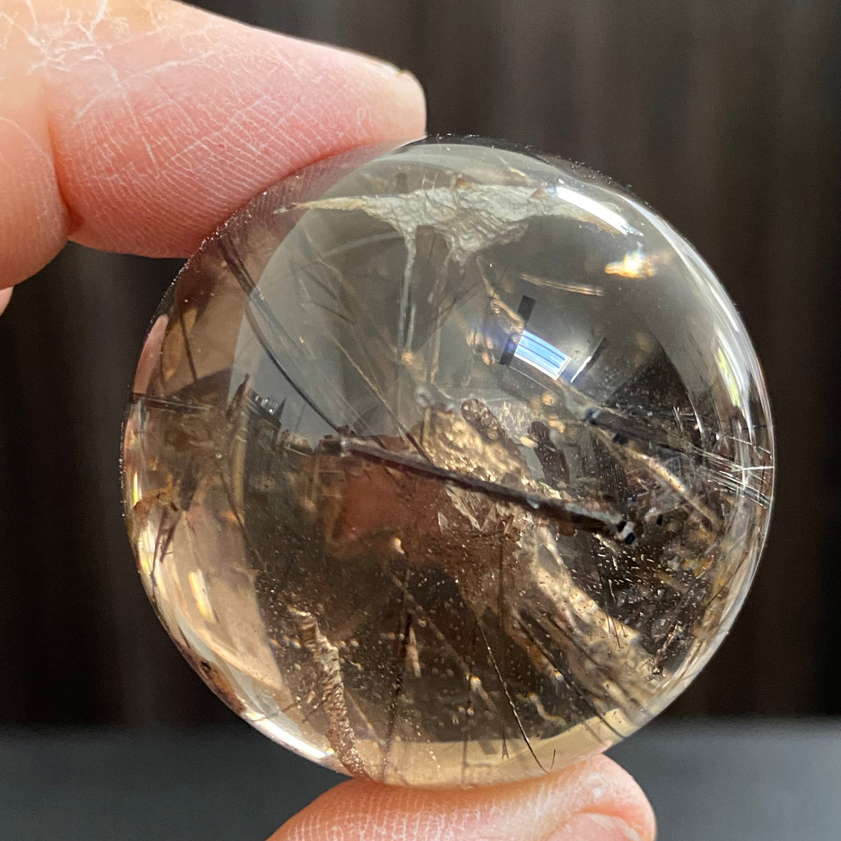 Smoky Quartz Sphere with Black Tourmaline and Pyrite