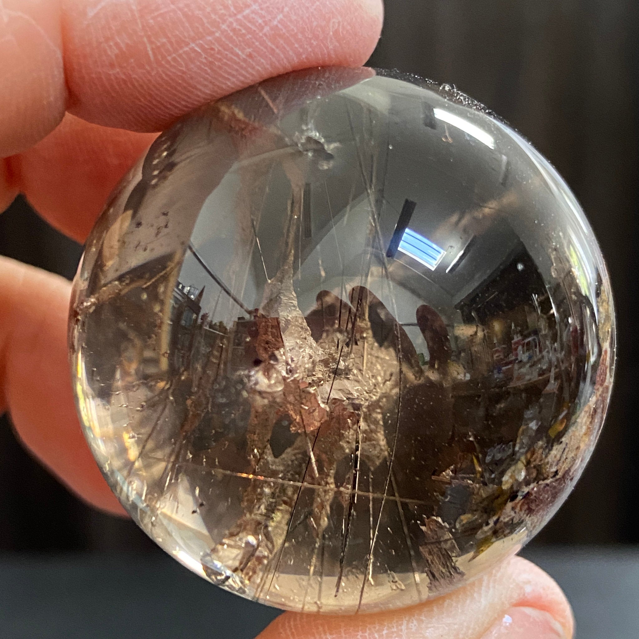 Smoky Quartz Sphere with Black Tourmaline and Pyrite