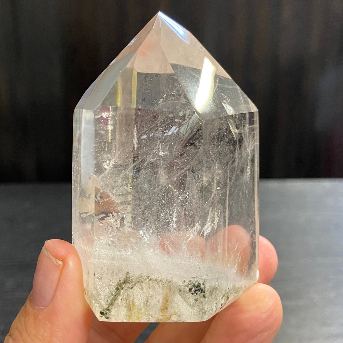 Clear Quartz Standing Point with Rainbow and Chlorite – Madagascar