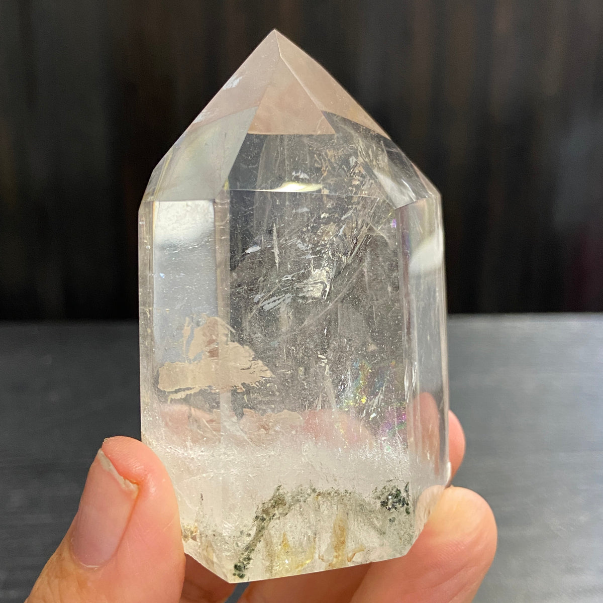 Clear Quartz Standing Point with Rainbow and Chlorite – Madagascar