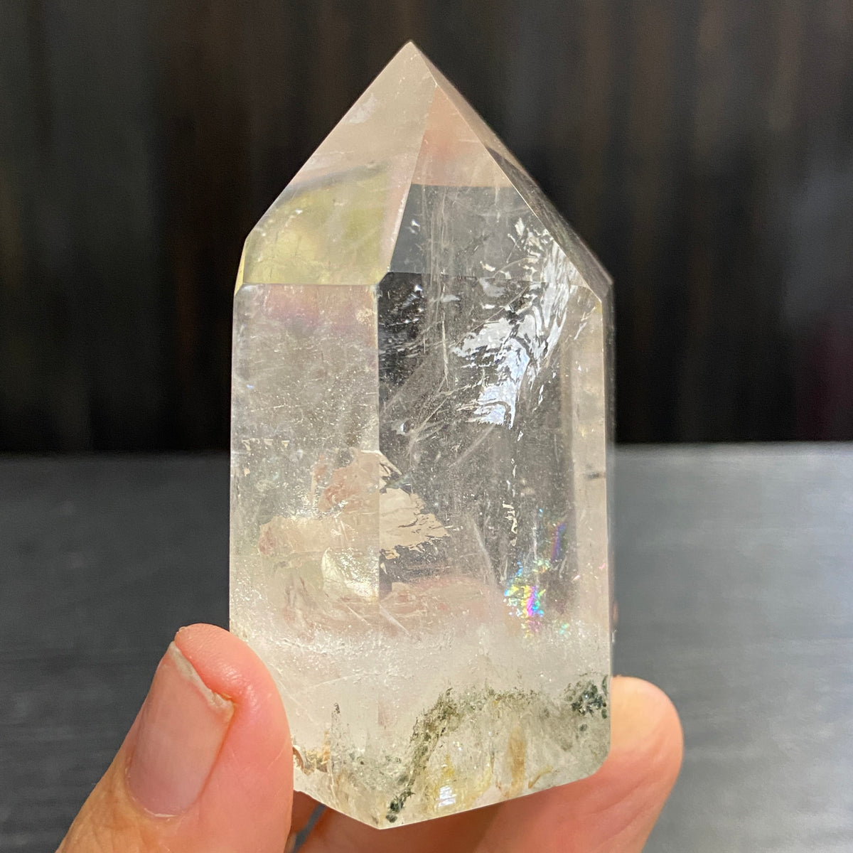 Clear Quartz Standing Point with Rainbow and Chlorite – Madagascar