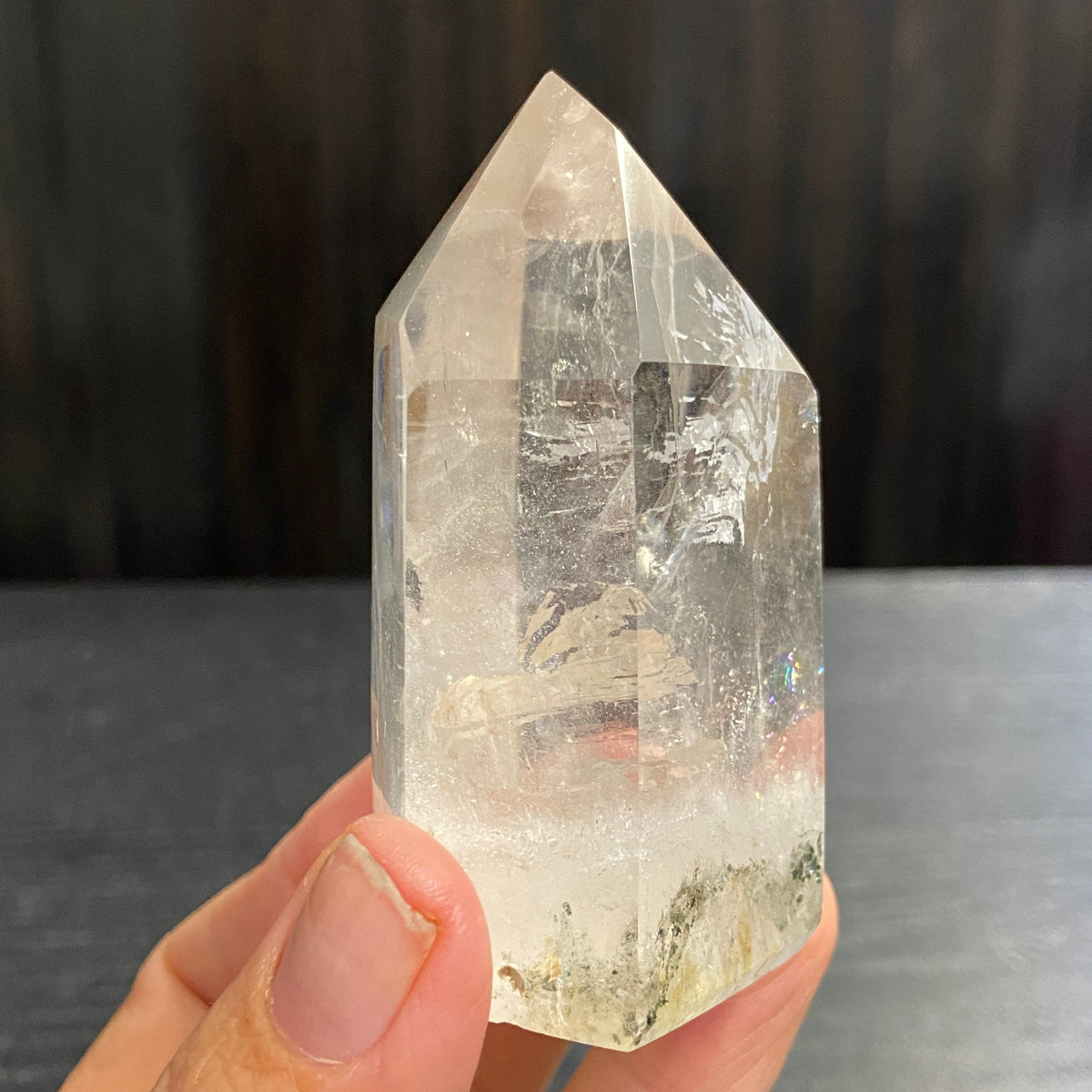 Clear Quartz Standing Point with Rainbow and Chlorite – Madagascar