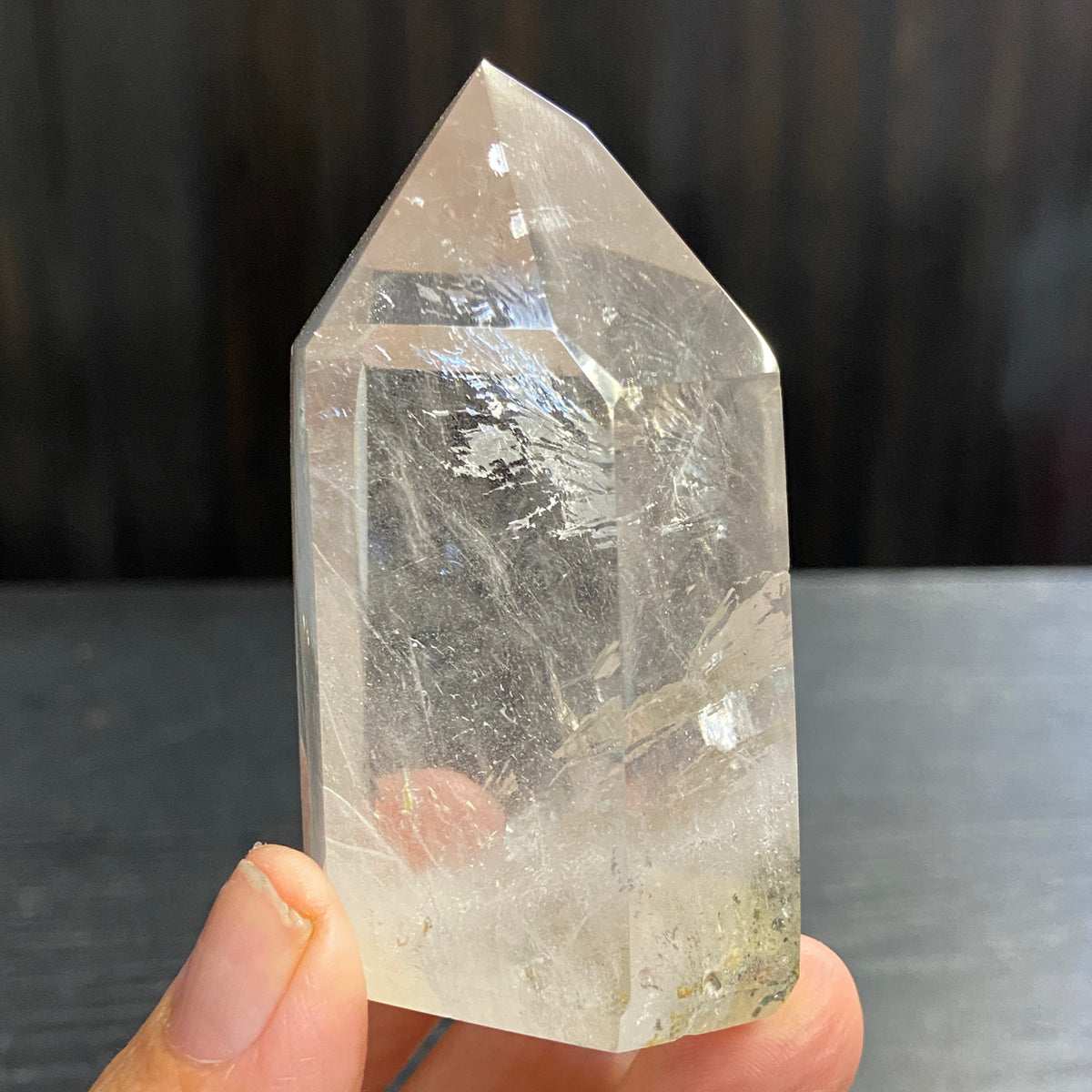 Clear Quartz Standing Point with Rainbow and Chlorite – Madagascar