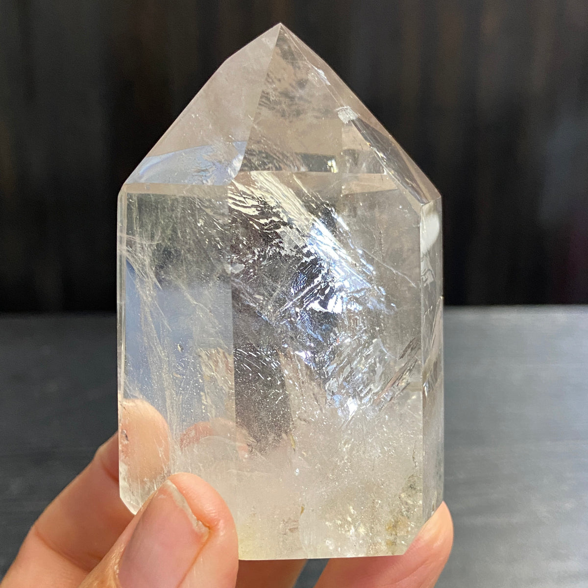 Clear Quartz Standing Point with Rainbow and Chlorite – Madagascar