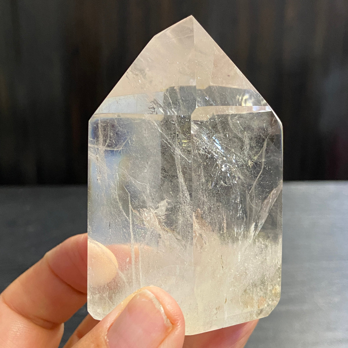 Clear Quartz Standing Point with Rainbow and Chlorite – Madagascar