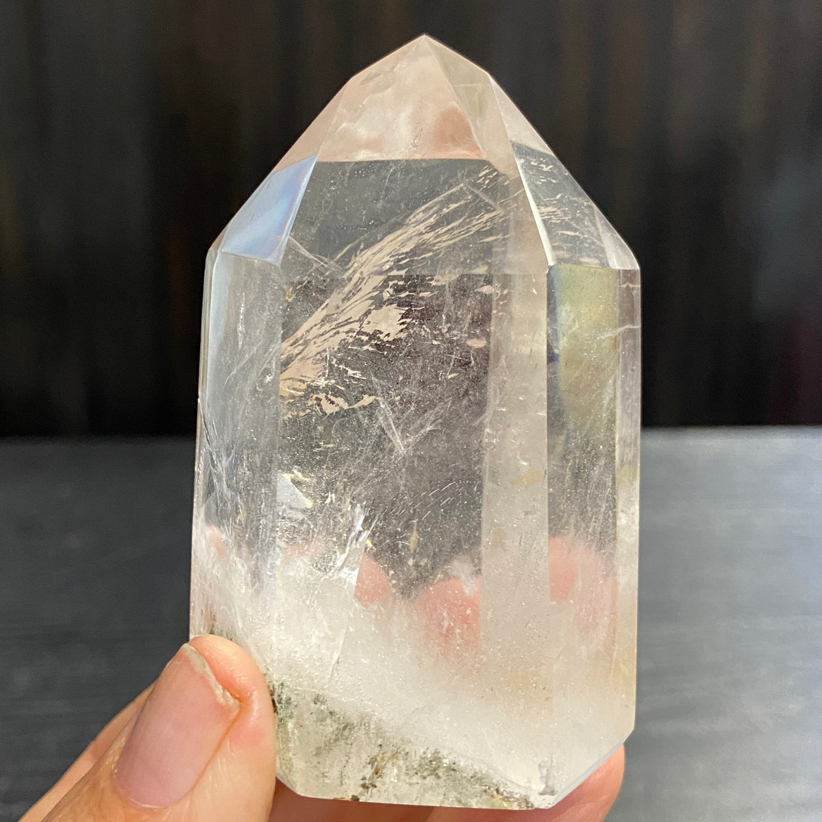 Clear Quartz Standing Point with Rainbow and Chlorite – Madagascar