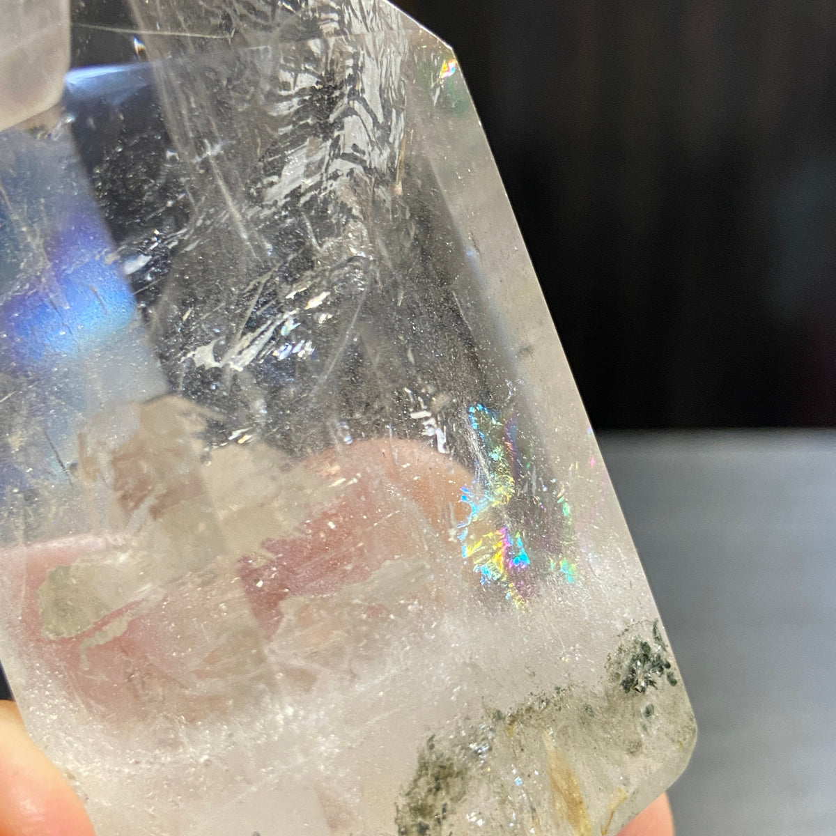 Clear Quartz Standing Point with Rainbow and Chlorite – Madagascar