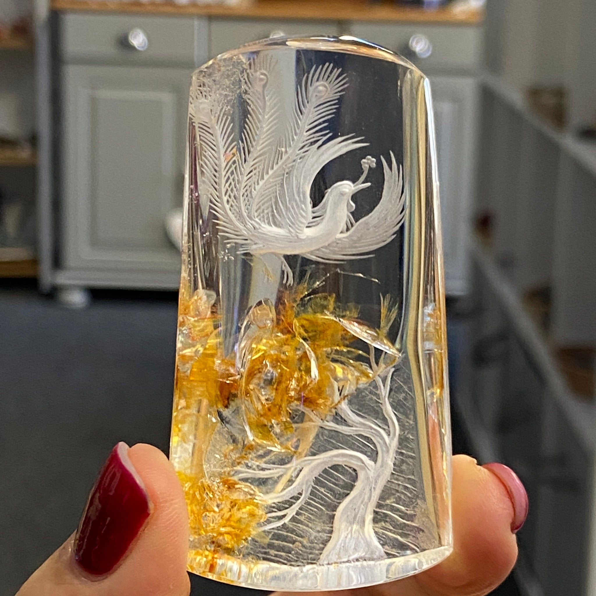 Clear Quartz Freeform with Carved Phoenix and Tree