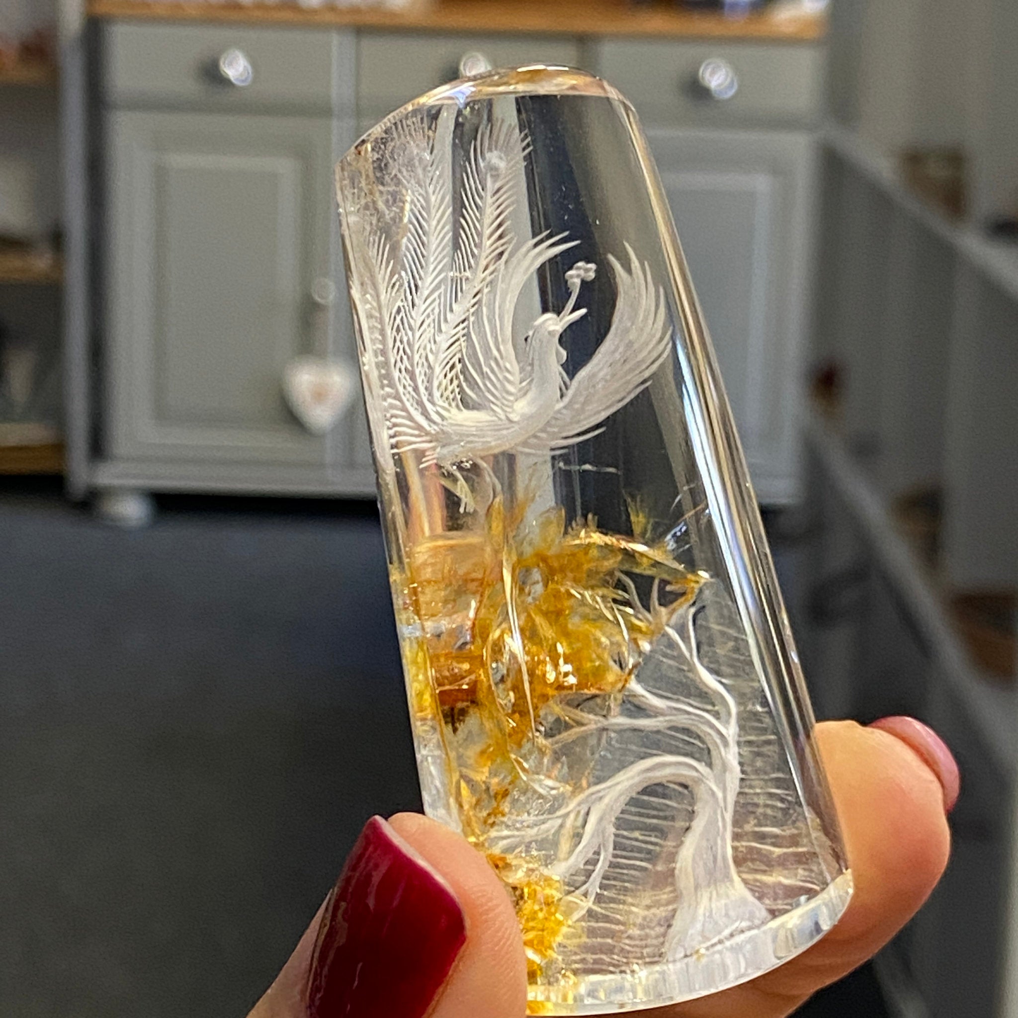 Clear Quartz Freeform with Carved Phoenix and Tree