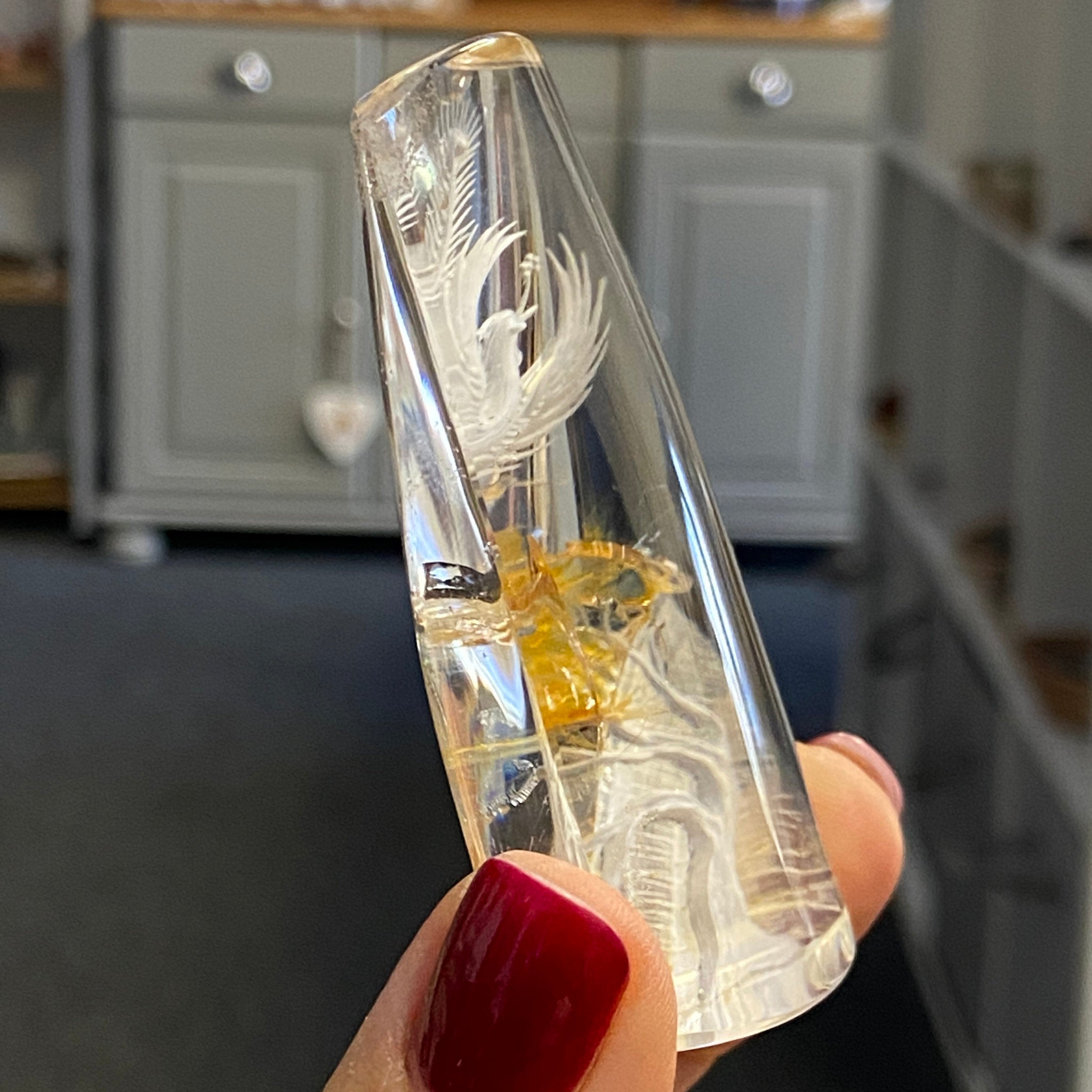 Clear Quartz Freeform with Carved Phoenix and Tree