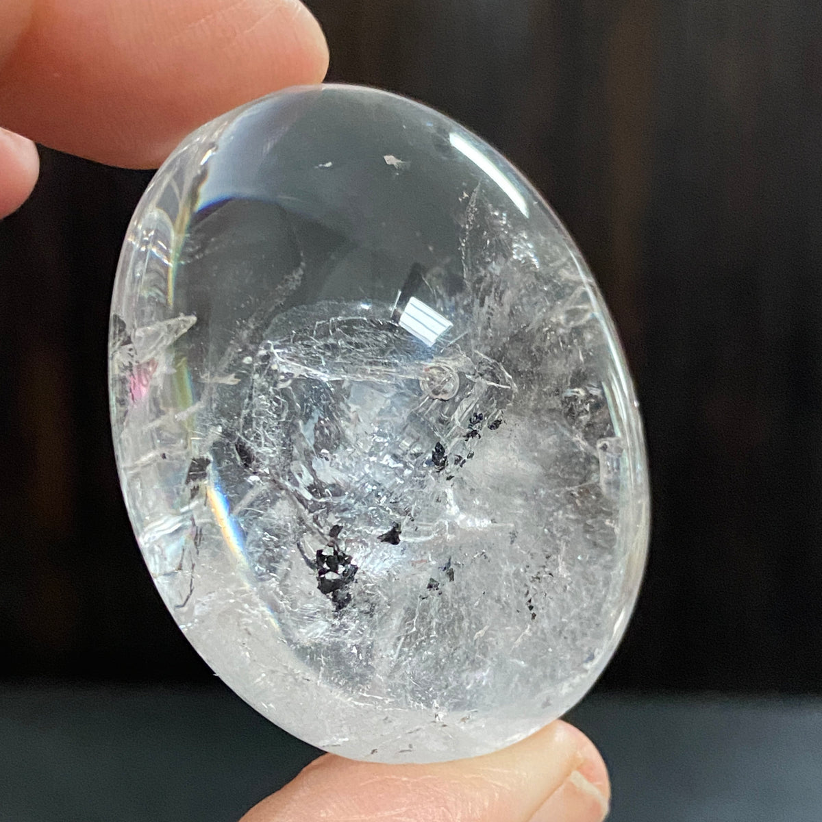 Clear Quartz Enhydro Palmstone with Falling Carbon Sand – Brazil