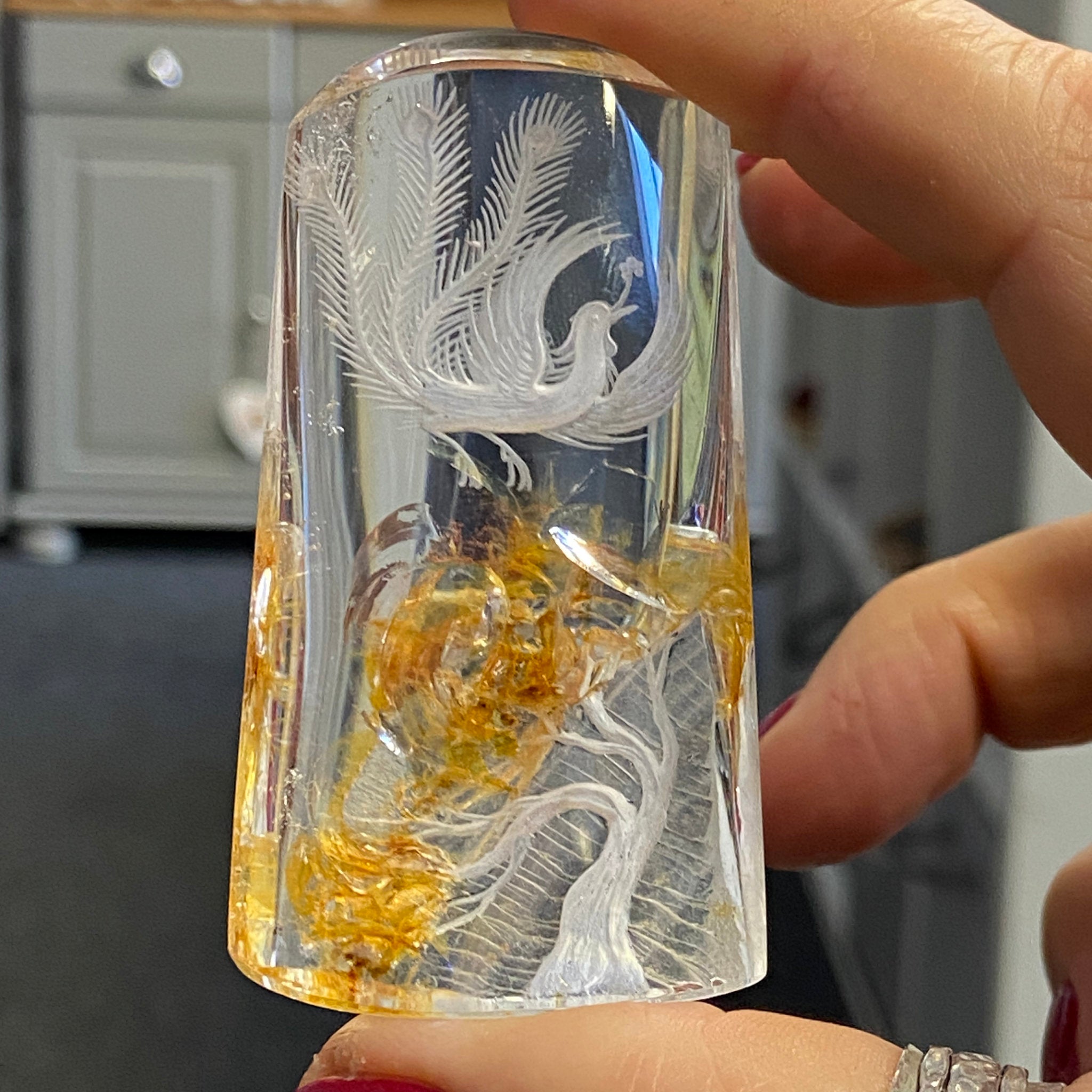 Clear Quartz Freeform with Carved Phoenix and Tree - Castle Rocks Cornwall