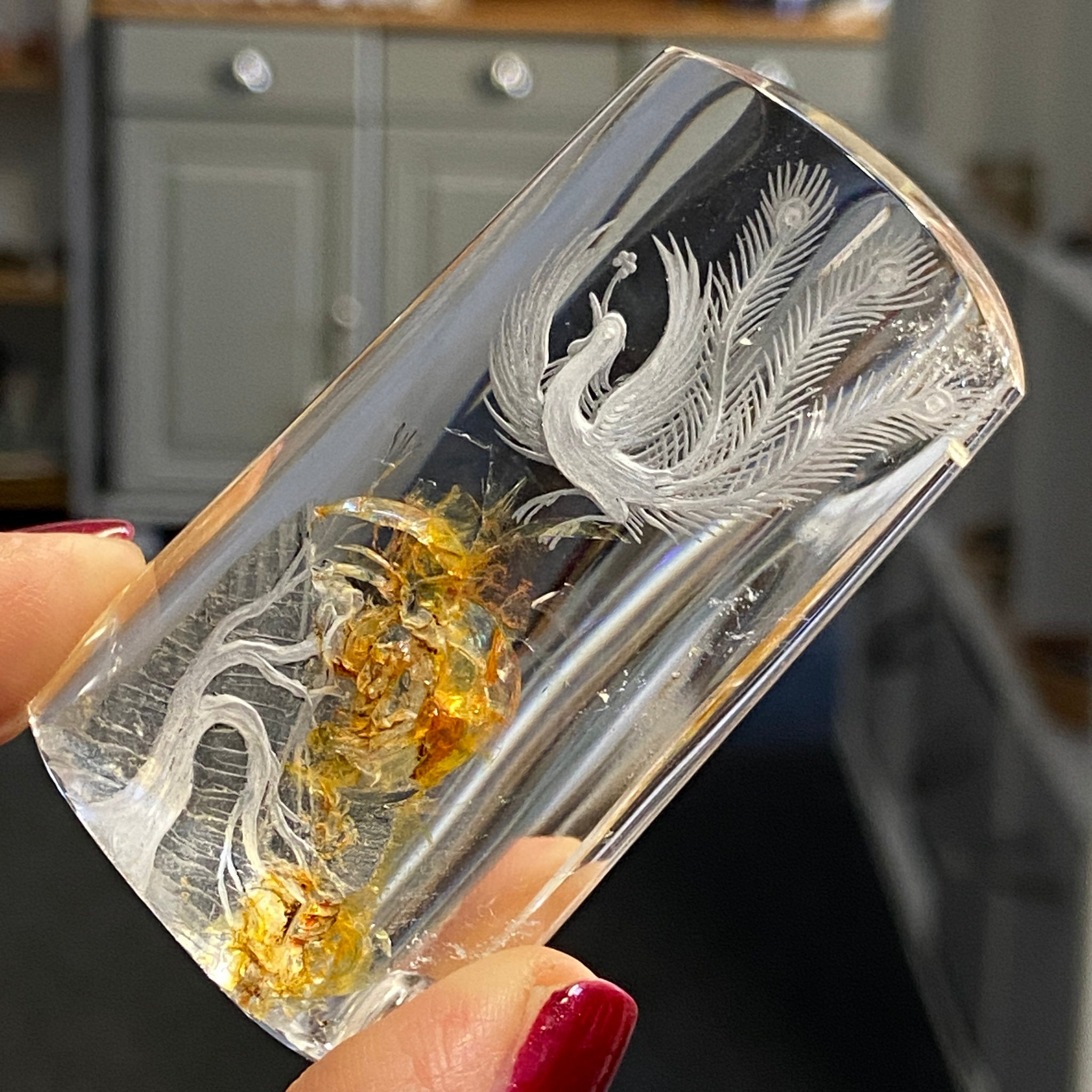 Clear Quartz Freeform with Carved Phoenix and Tree - Castle Rocks Cornwall