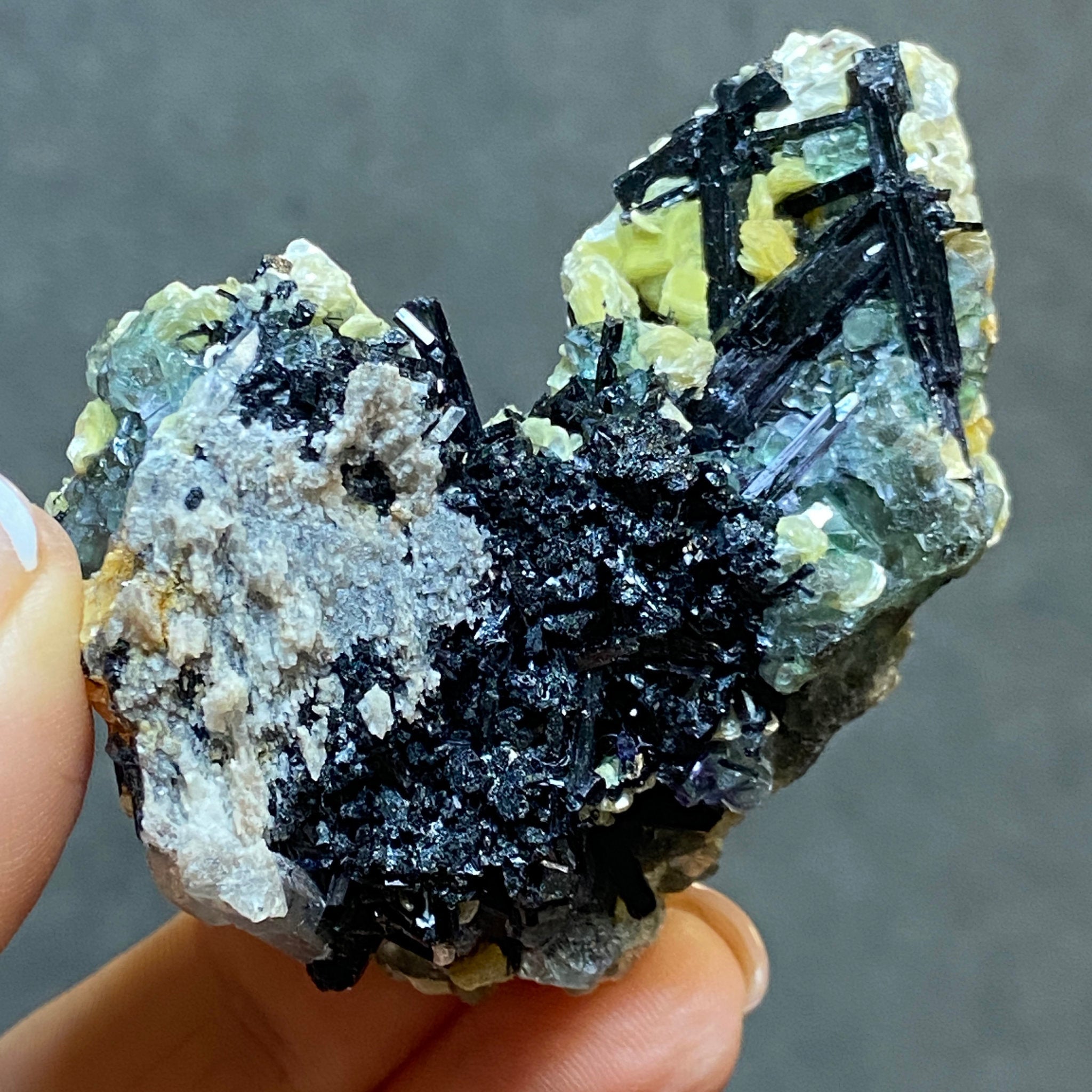 Fluorite with Black Tourmaline, Muscovite and Feldspar - Erongo - Castle Rocks Cornwall