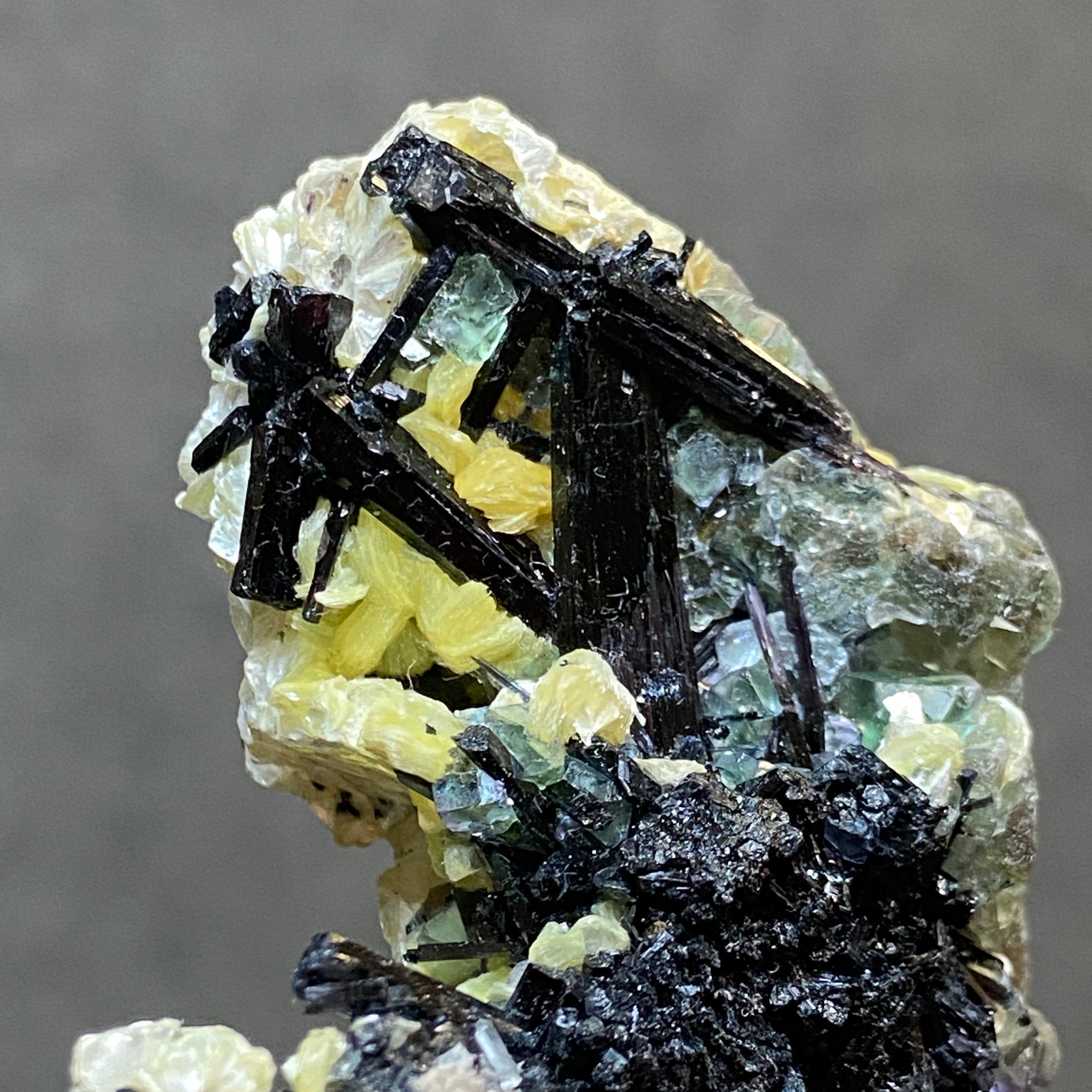 Fluorite with Black Tourmaline, Muscovite and Feldspar - Erongo - Castle Rocks Cornwall