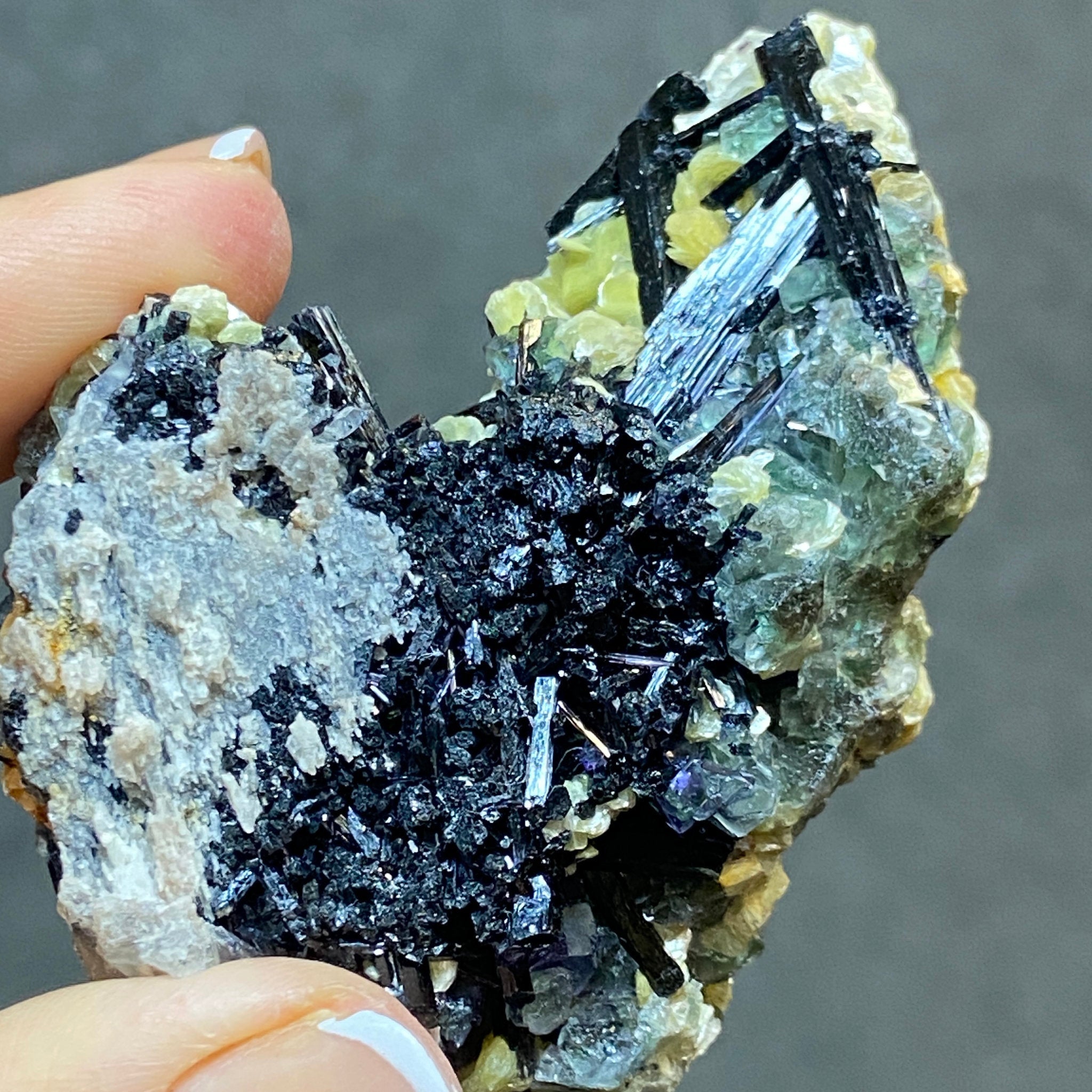 Fluorite with Black Tourmaline, Muscovite and Feldspar - Erongo - Castle Rocks Cornwall