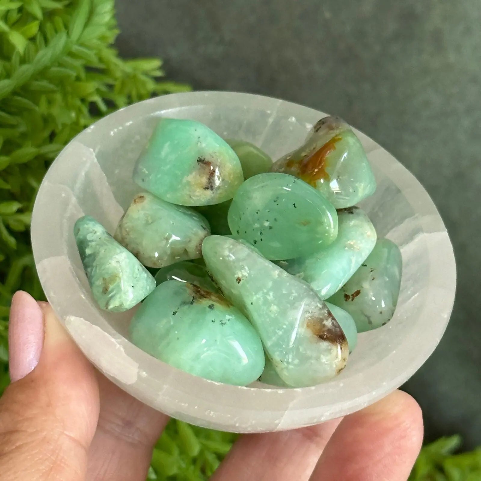 Chrysoprase tumbled stones. Castle Rocks Cornwall