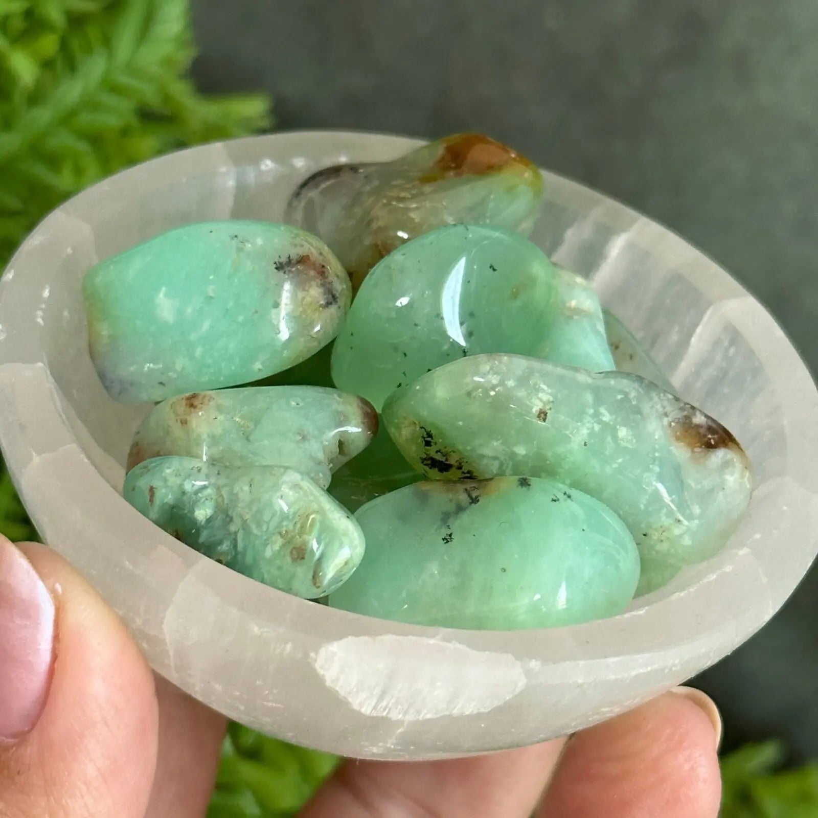 Chrysoprase tumbled stones. Castle Rocks Cornwall