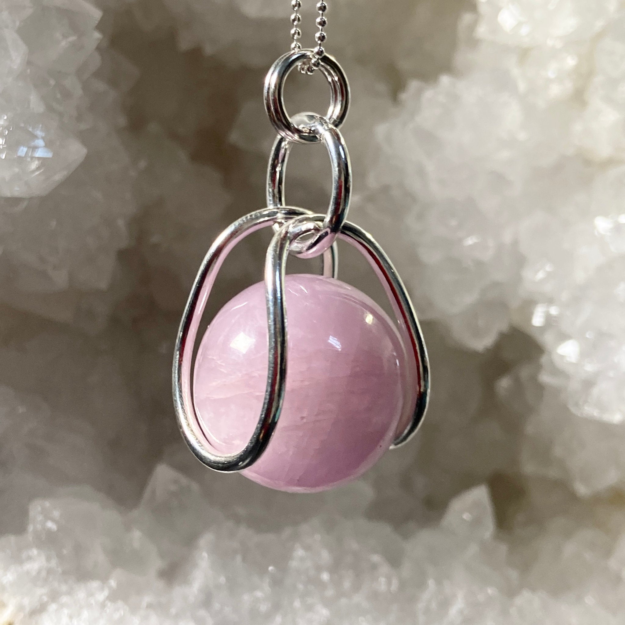Kunzite Sphere in Sterling Silver Cage - Bespoke by Song of the Sea - Castle Rocks Cornwall