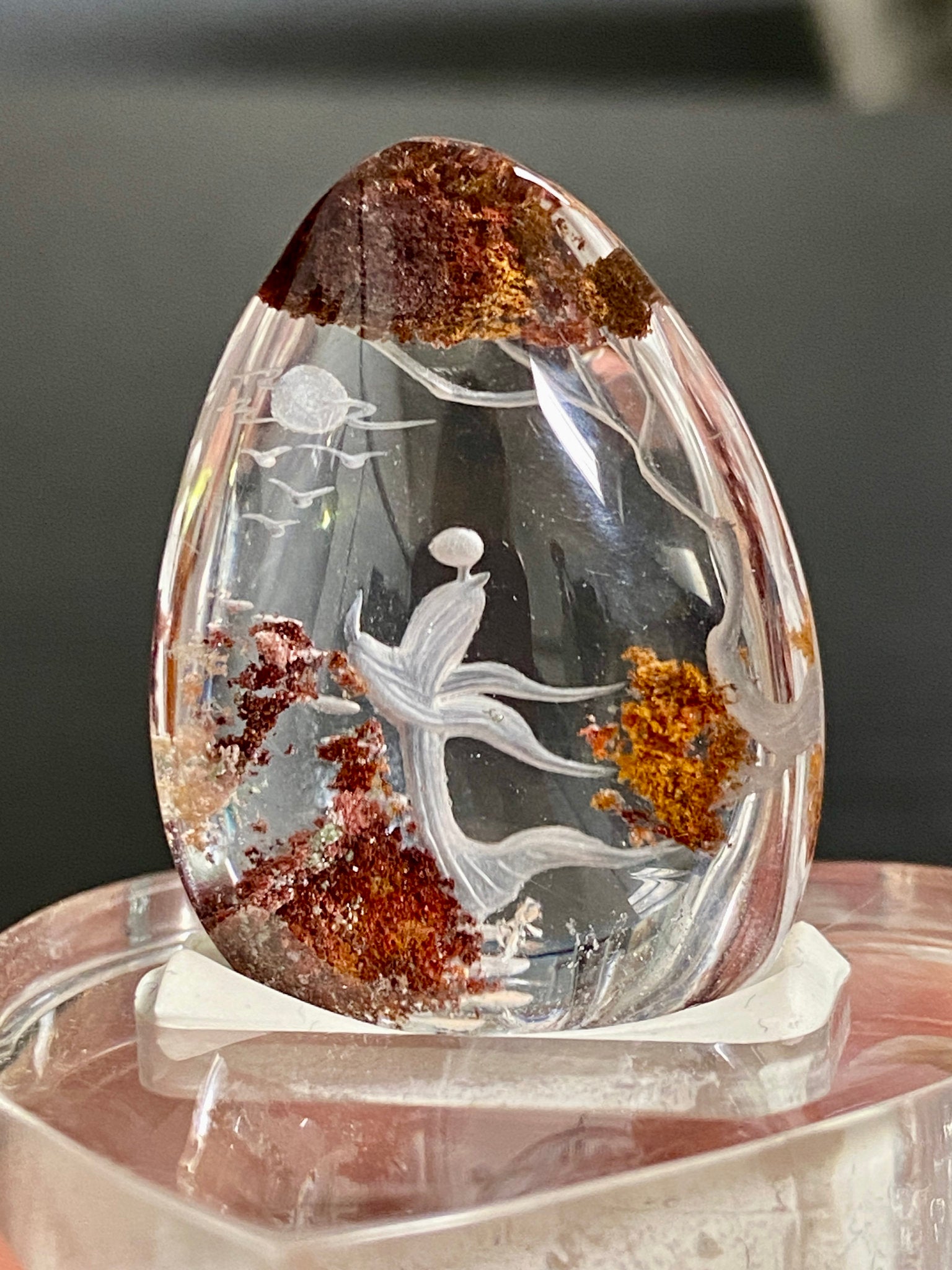 Clear Quartz with ascending Spirit Being - Diamond Tip Etching
