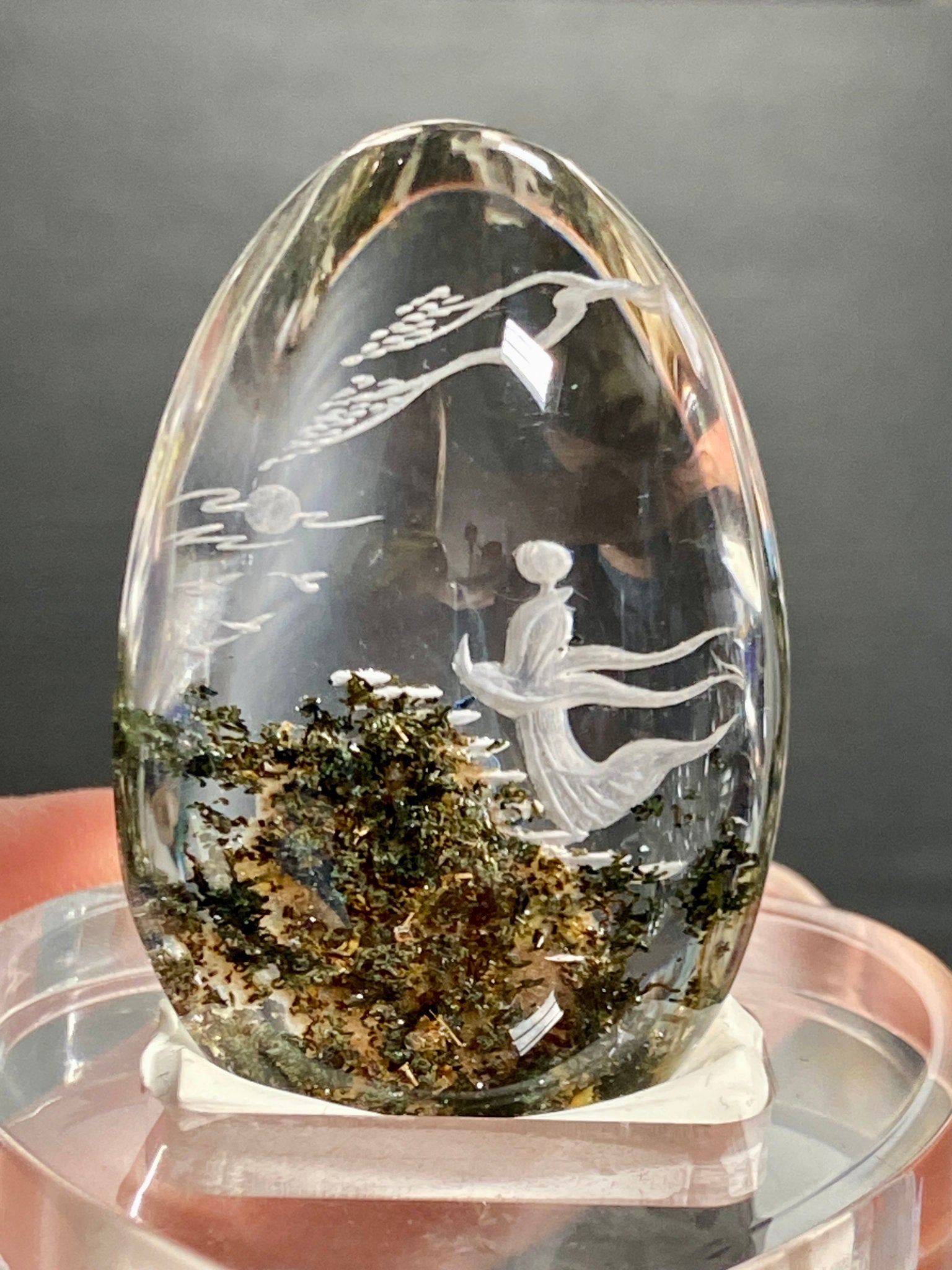 Clear Quartz with ascending Spirit Being - Diamond Tip Etching