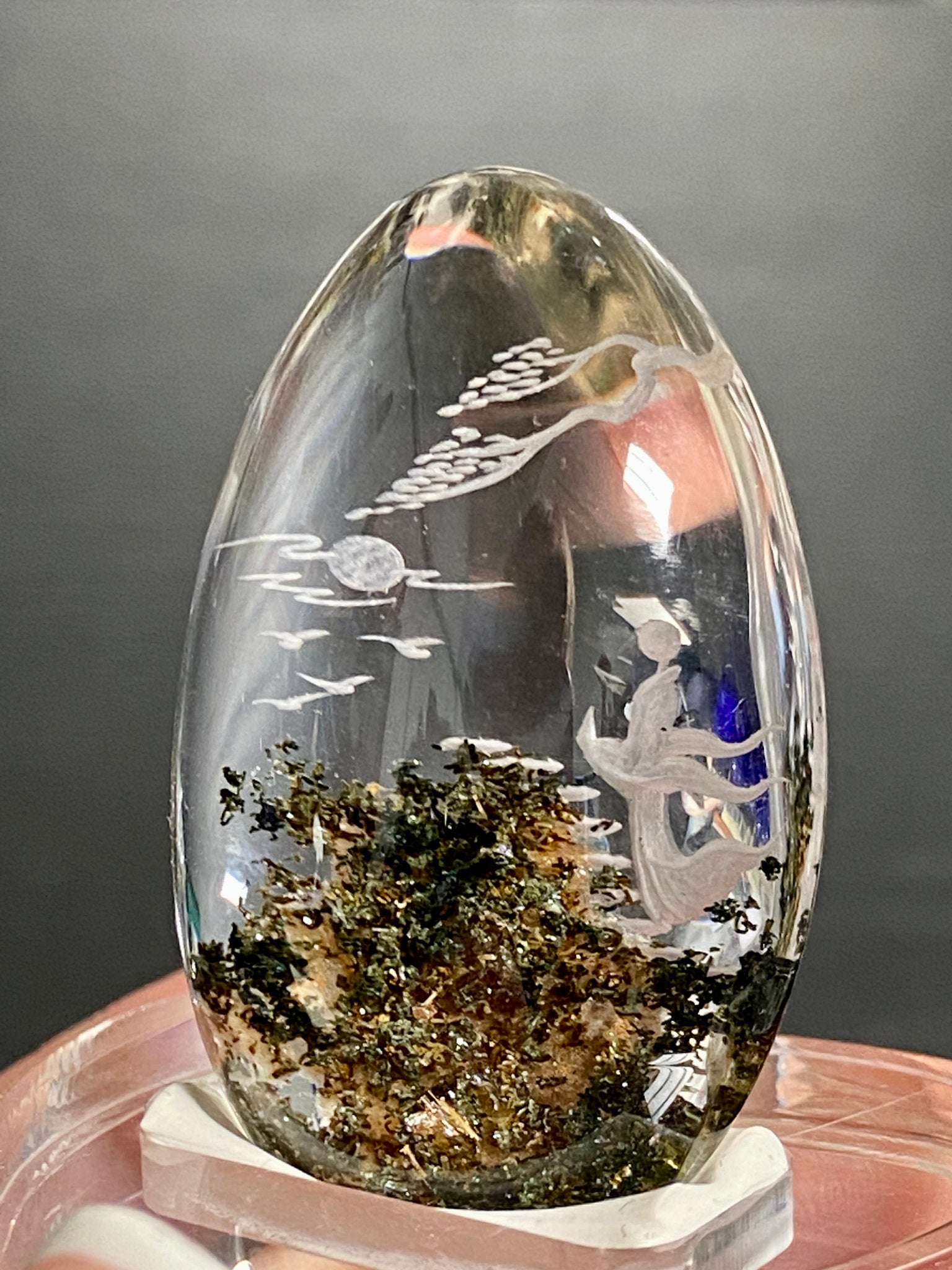 Clear Quartz with ascending Spirit Being - Diamond Tip Etching