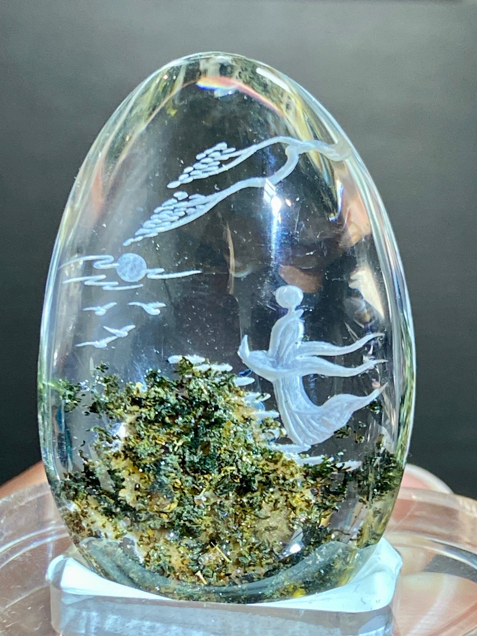 Clear Quartz with ascending Spirit Being - Diamond Tip Etching