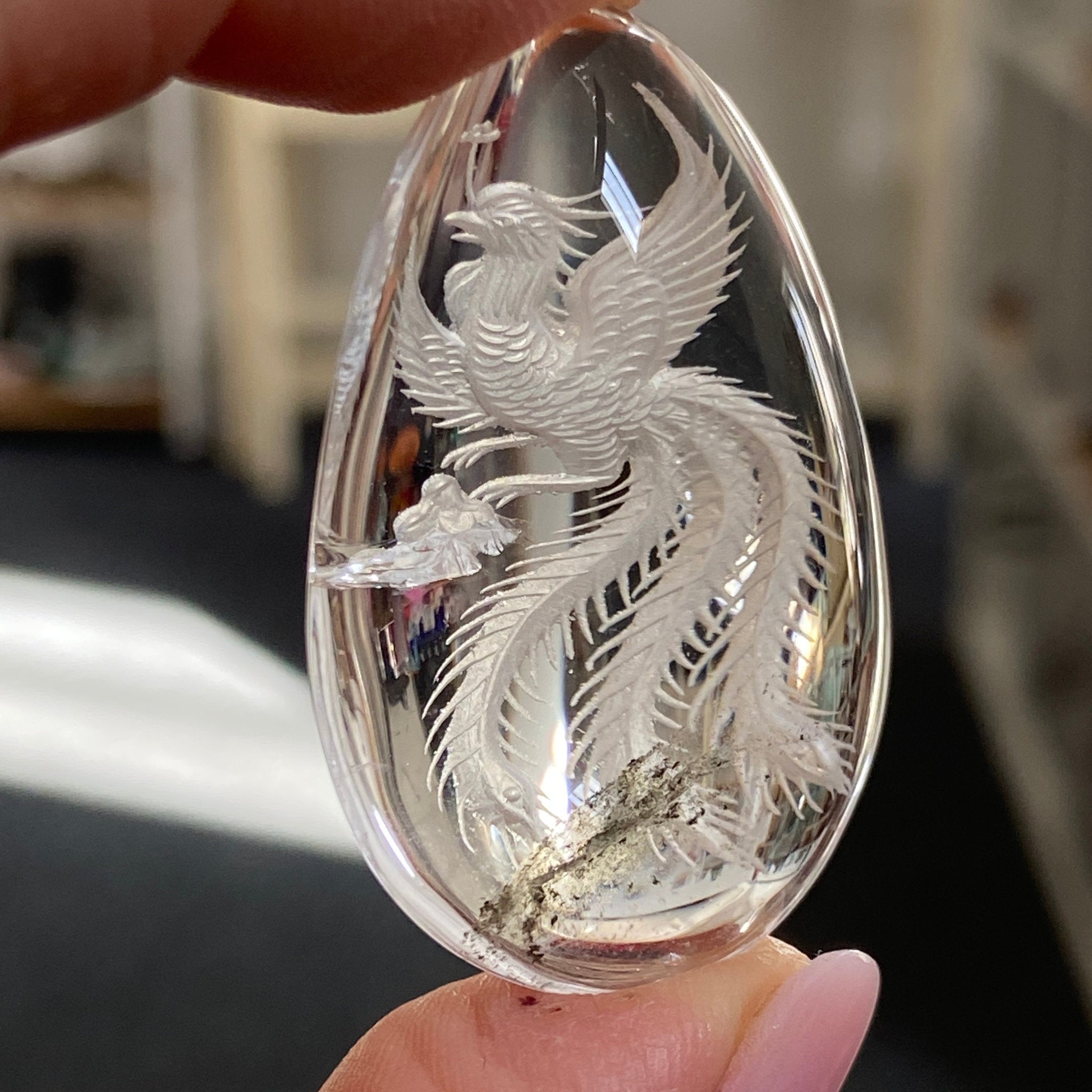 Clear Quartz with Phoenix Rising- Diamond Tip Etching