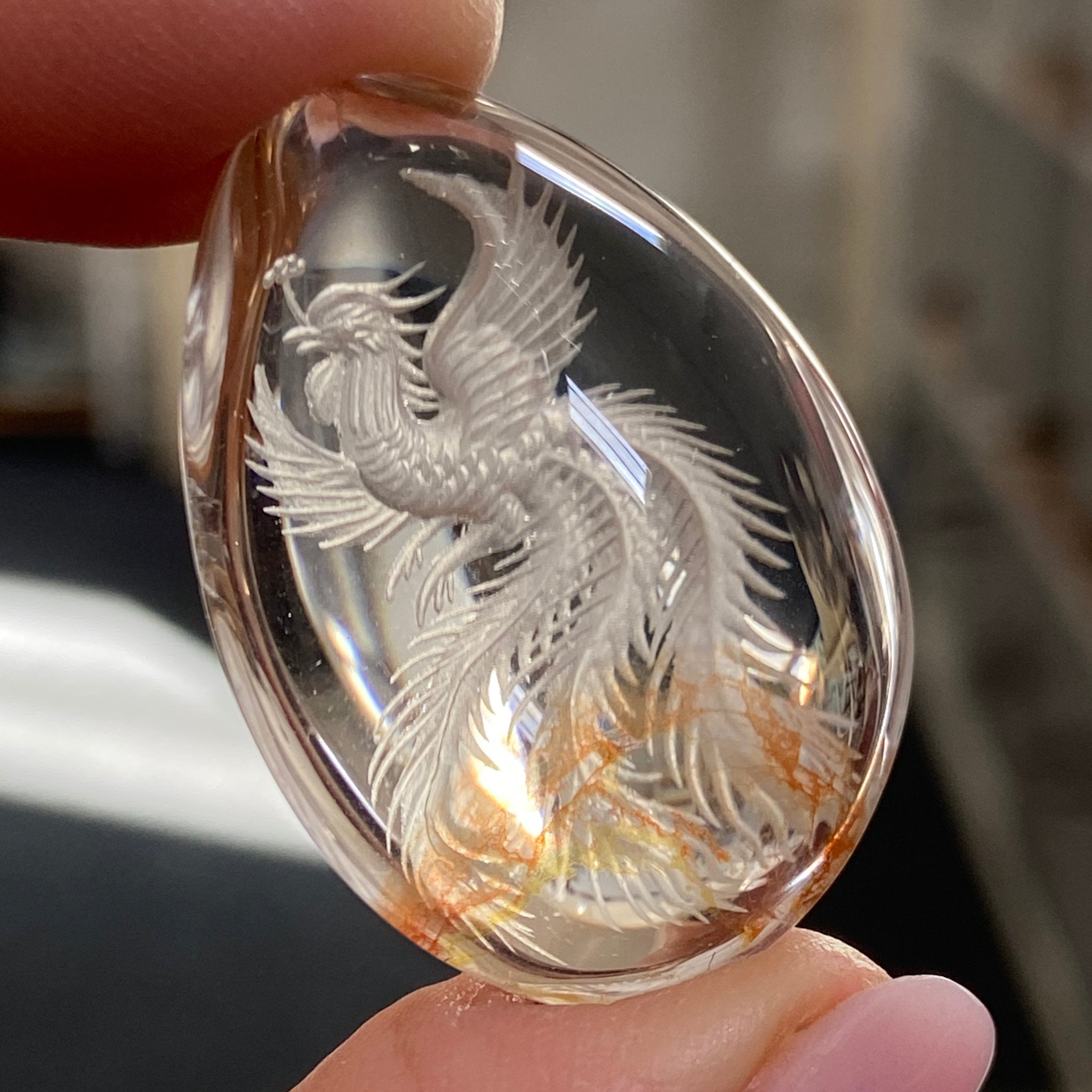 Fire Quartz with Phoenix Rising- Diamond Tip Etching