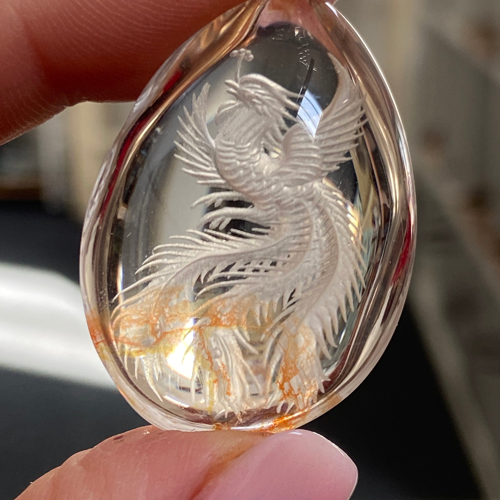 Fire Quartz with Phoenix Rising- Diamond Tip Etching