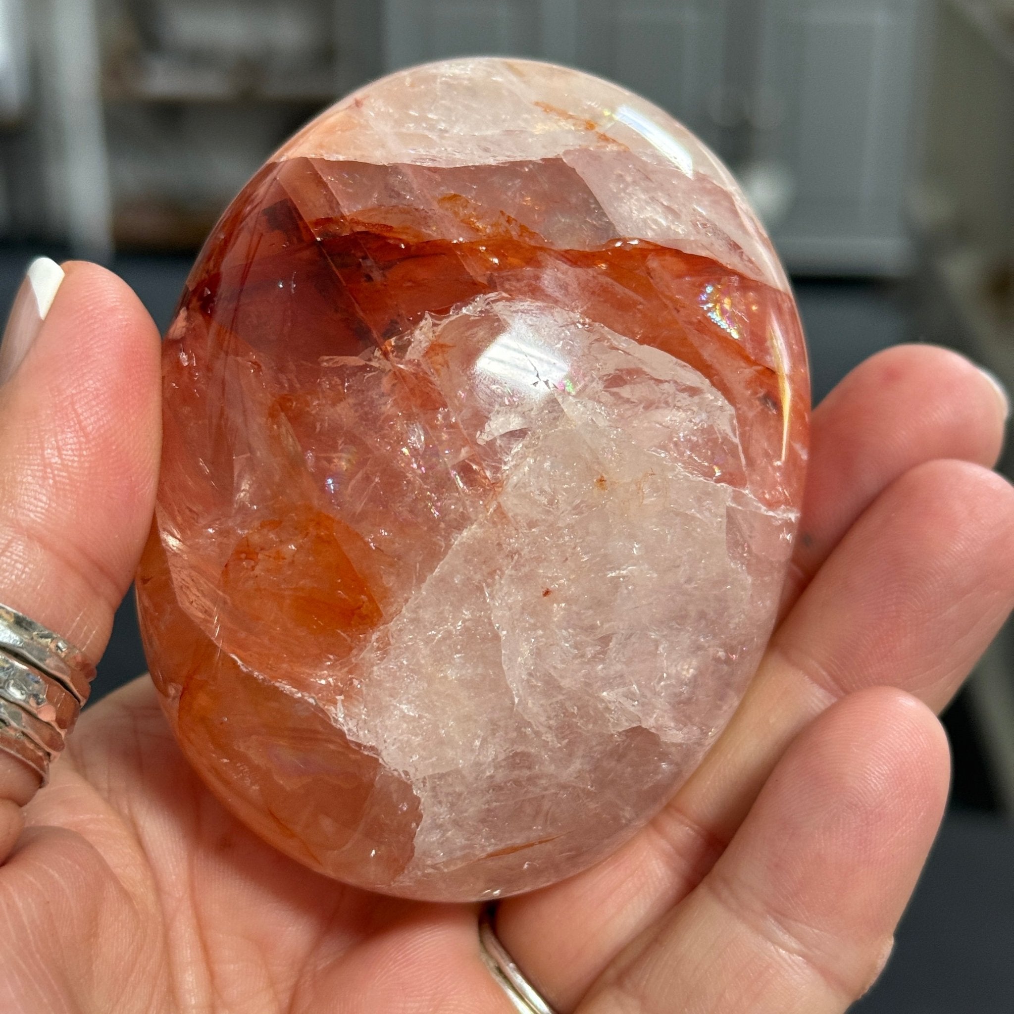 🔥 Clear Quartz with Hematite Palmstone – Madagascar