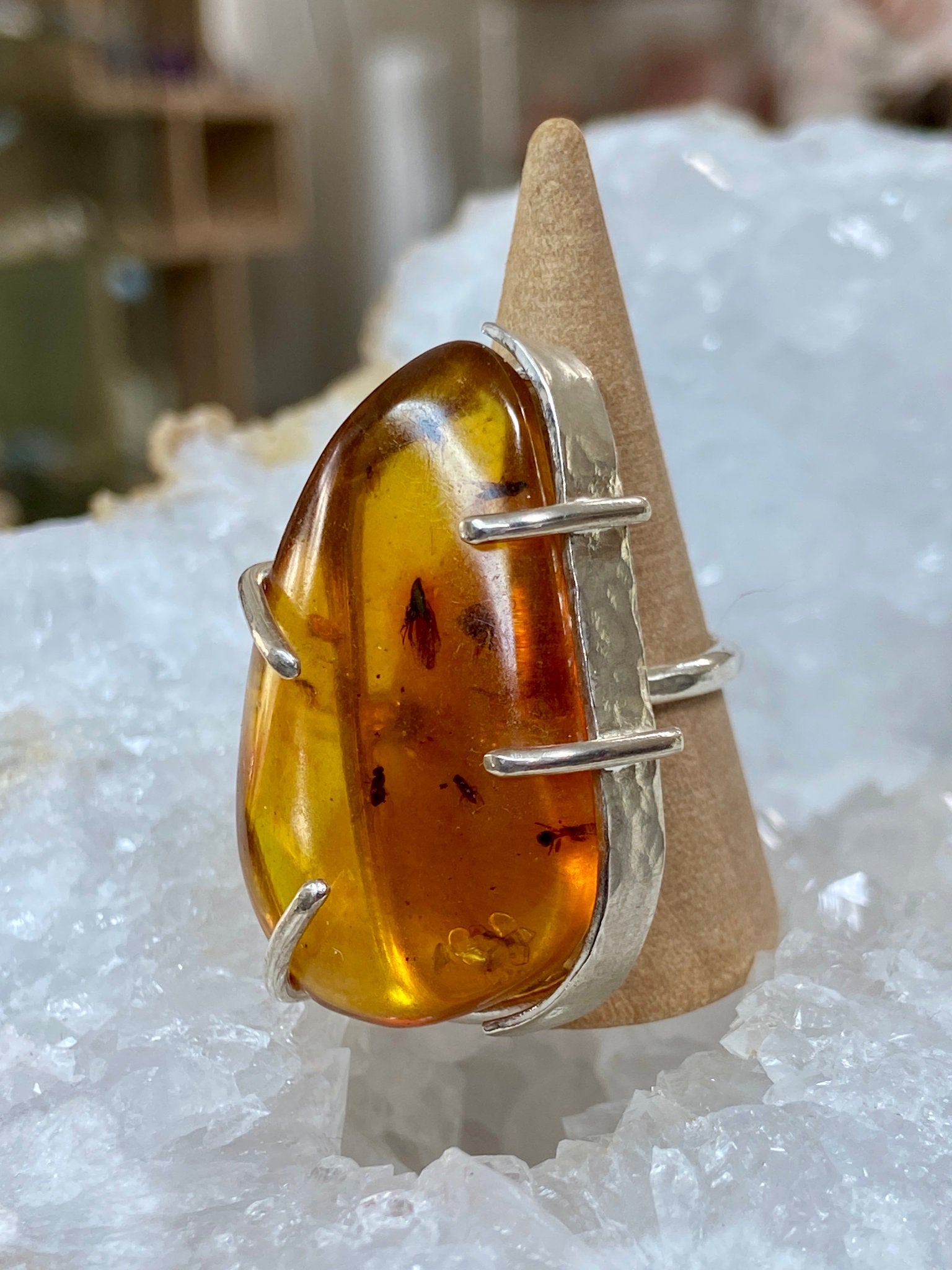 Bezelled Amber Ring with Prehistoric Inclusions – Bespoke by Song of the Sea
