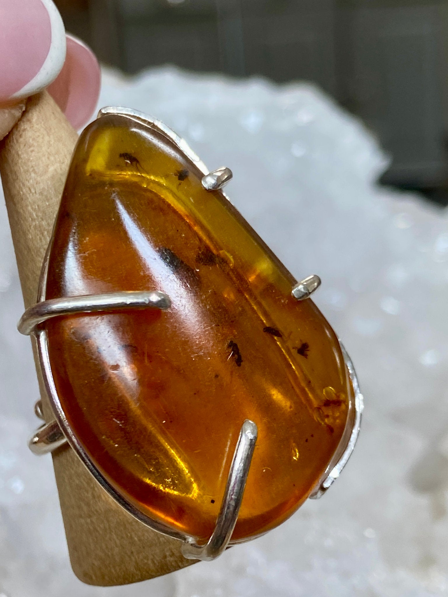 Bezelled Amber Ring with Prehistoric Inclusions – Bespoke by Song of the Sea
