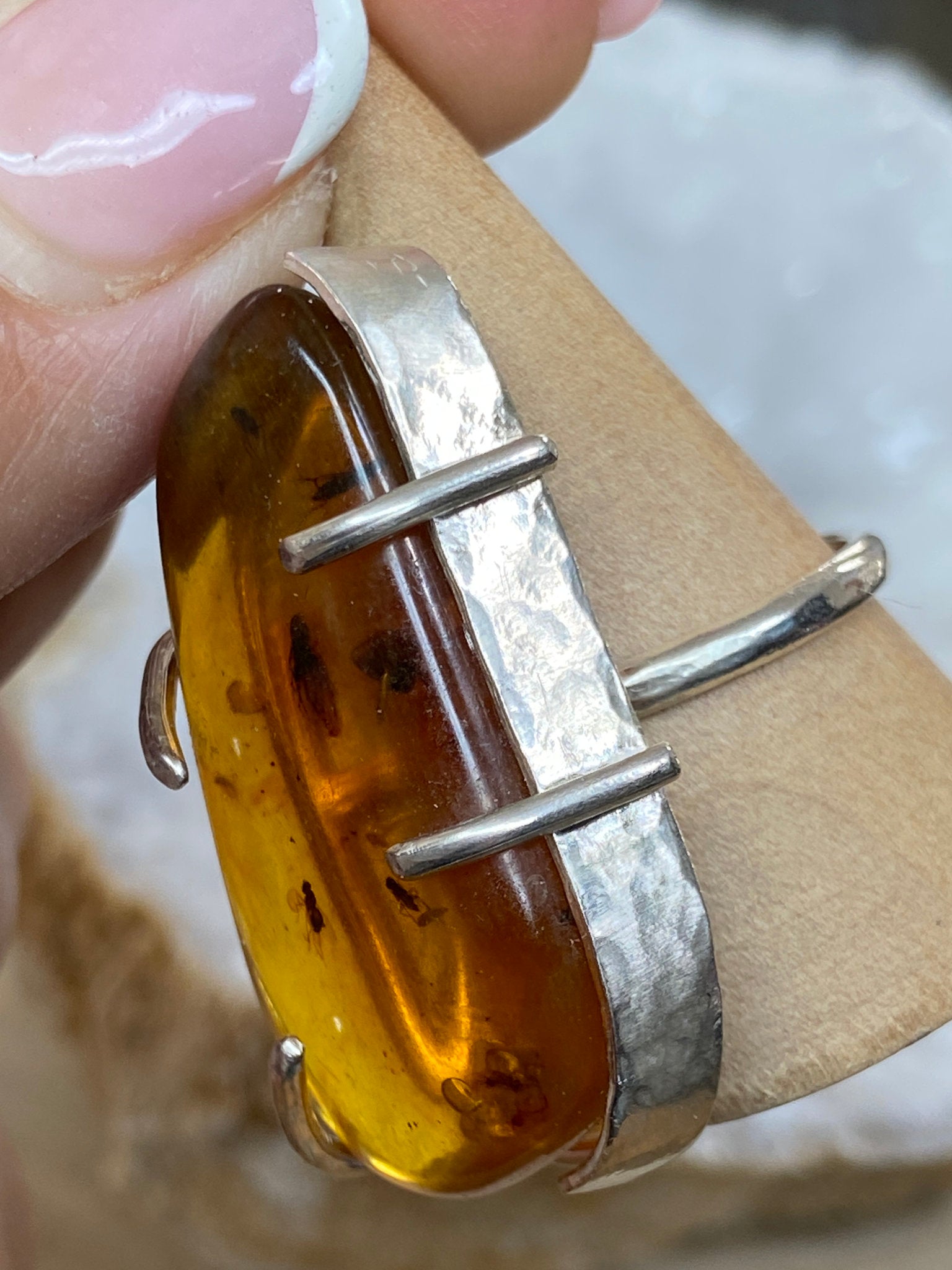Bezelled Amber Ring with Prehistoric Inclusions – Bespoke by Song of the Sea