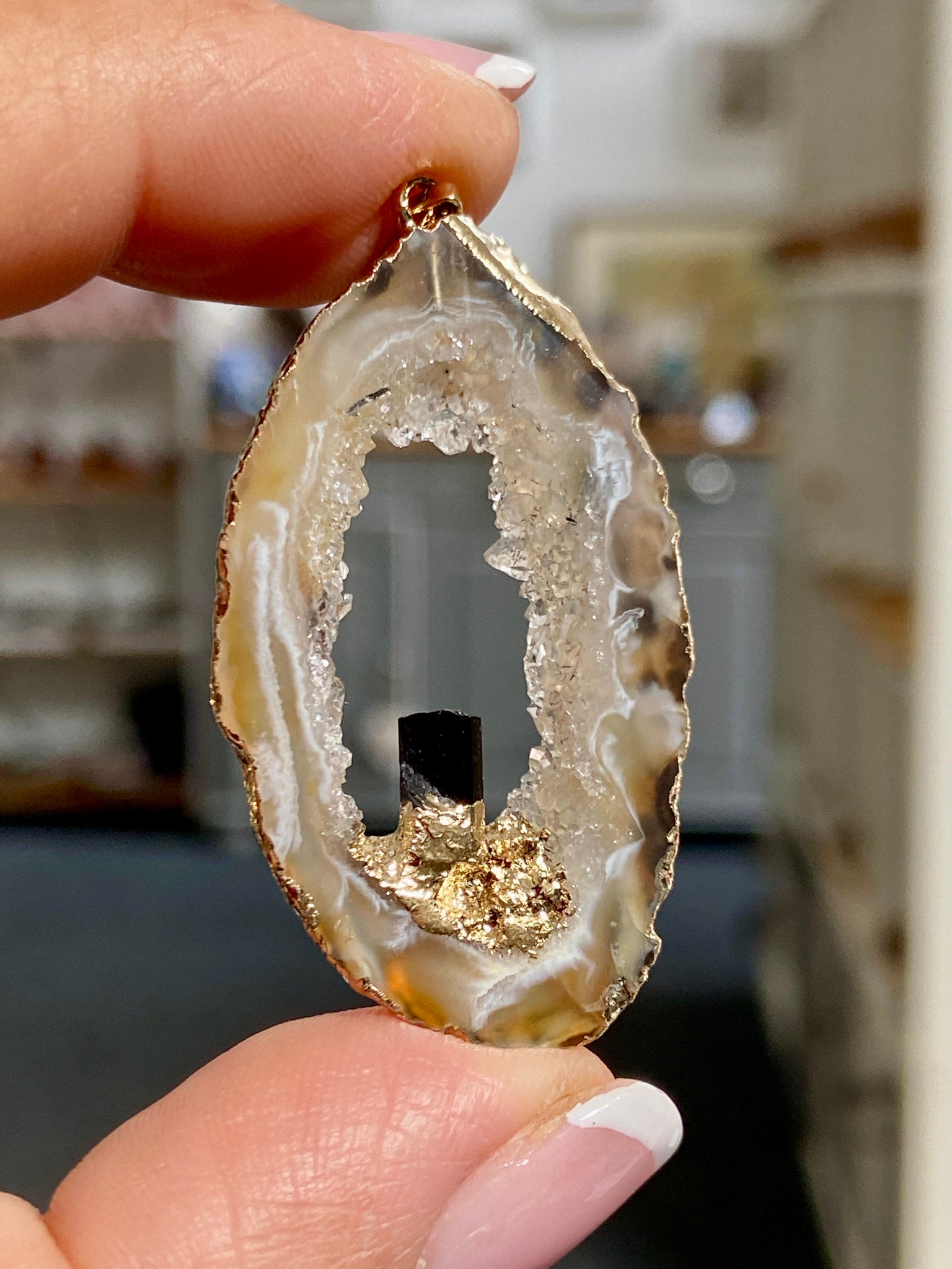 Tabasco Geode - Black Tourmaline Gold Gilded Pendant