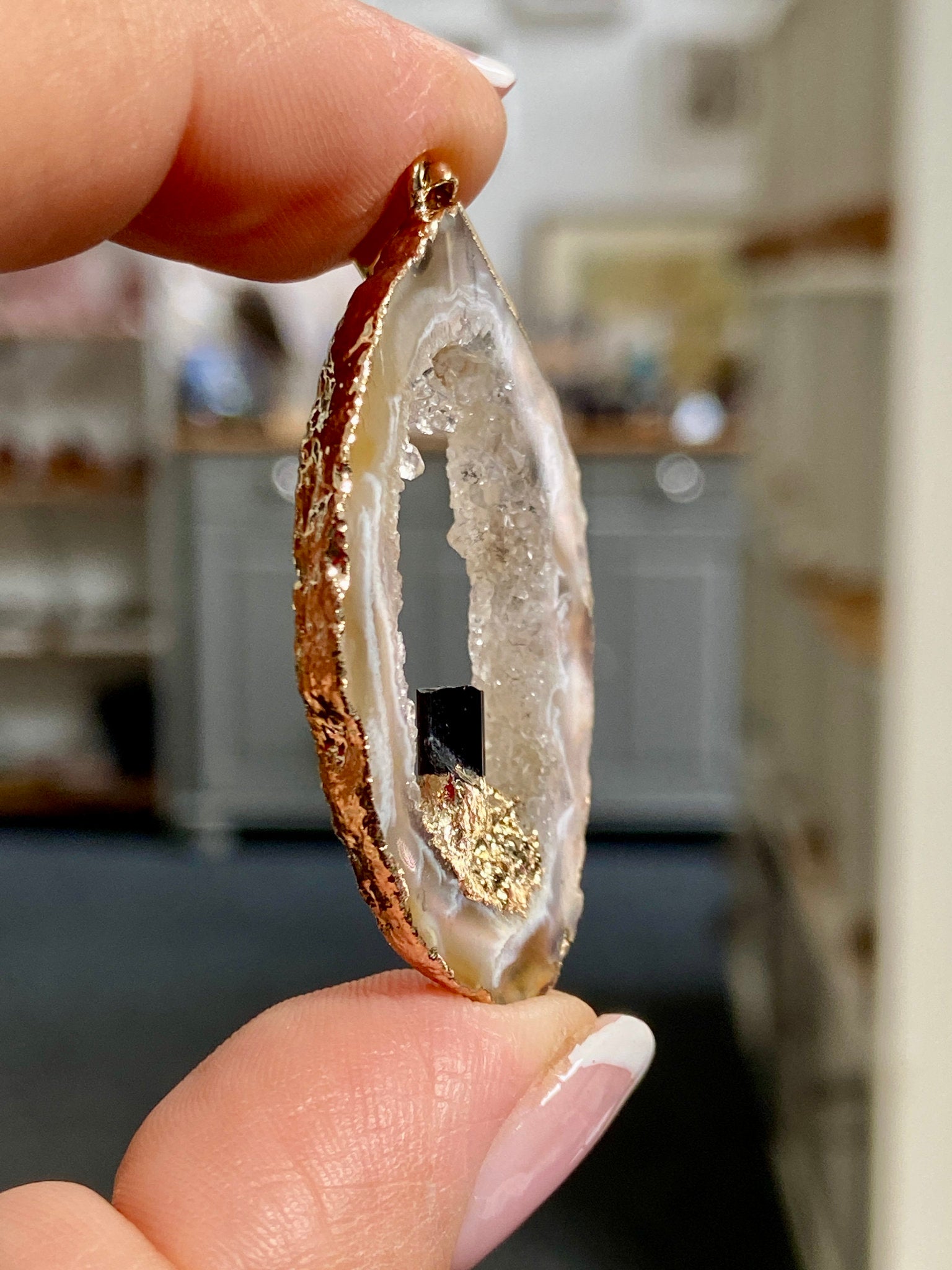 Tabasco Geode - Black Tourmaline Gold Gilded Pendant