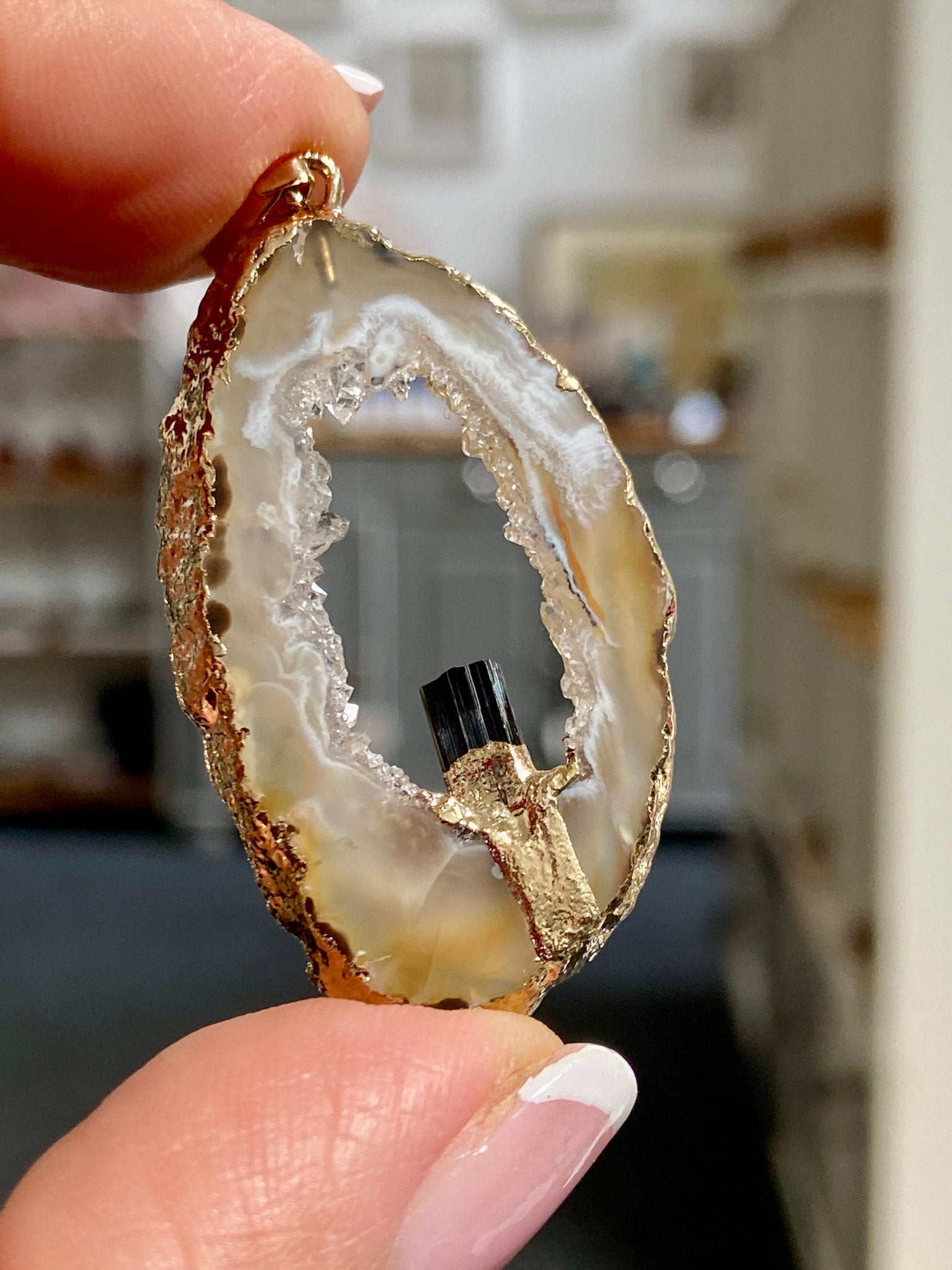 Tabasco Geode - Black Tourmaline Gold Gilded Pendant