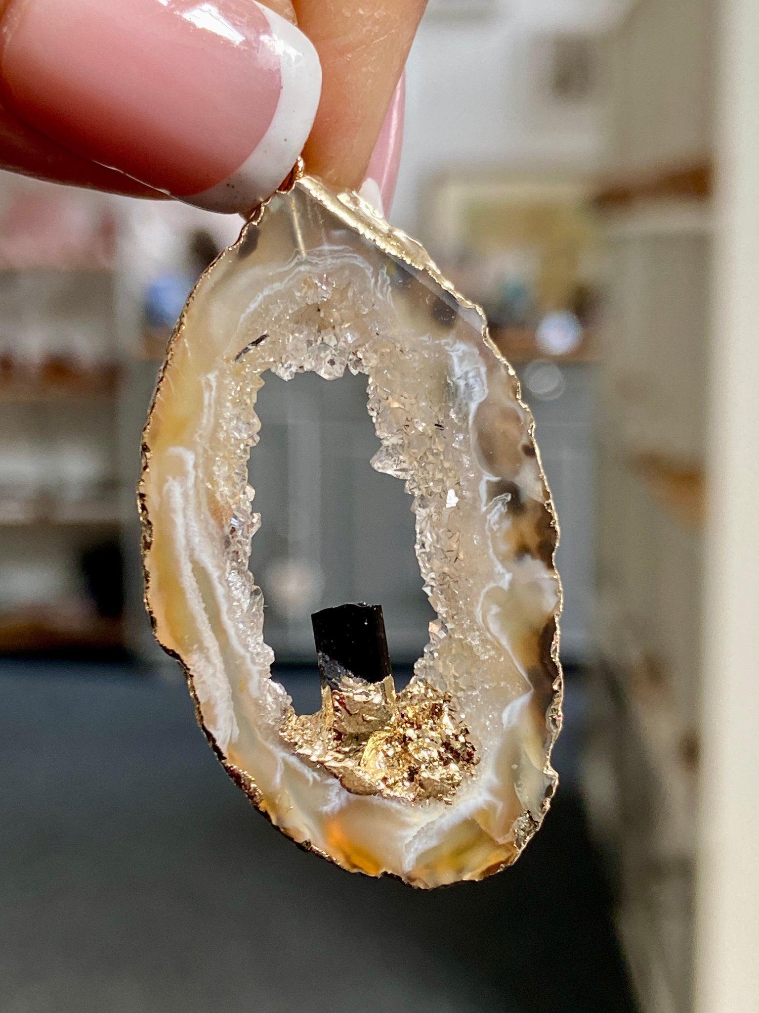 Tabasco Geode - Black Tourmaline Gold Gilded Pendant