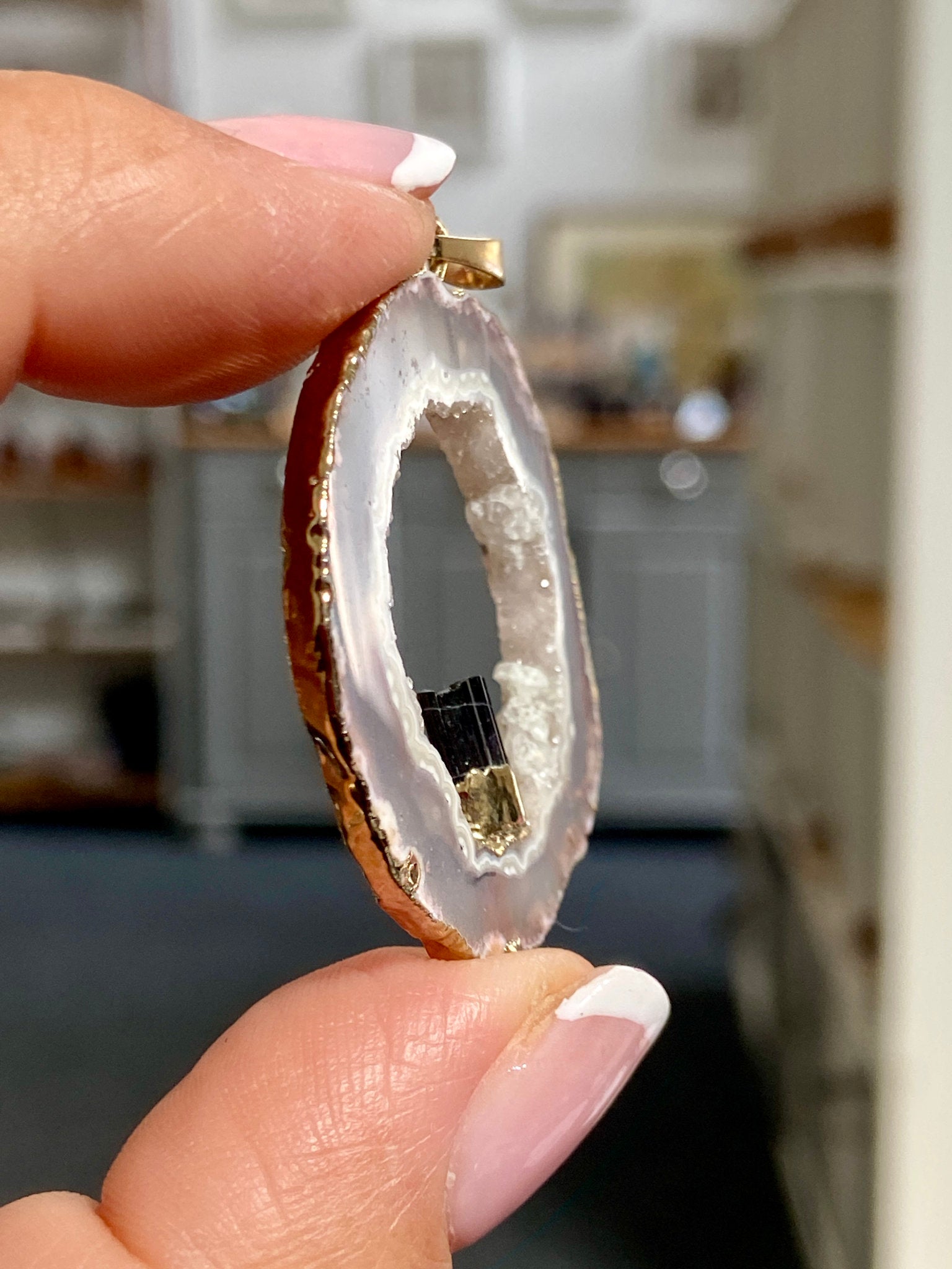 Tabasco Geode - Black Tourmaline Gold Gilded Pendant