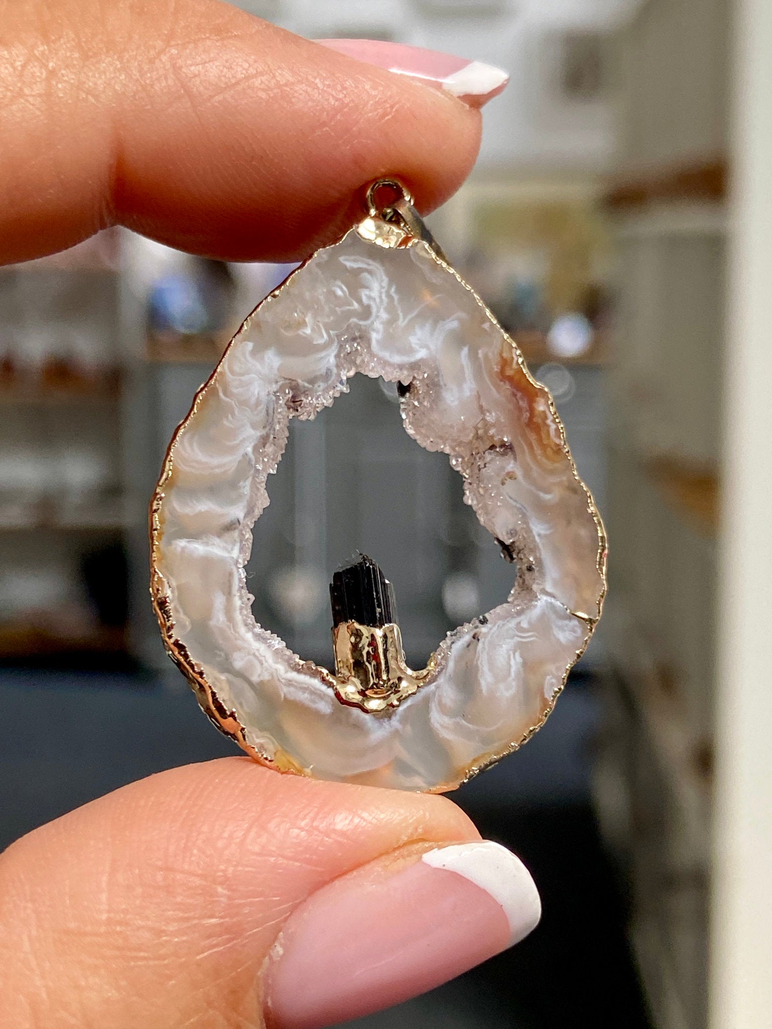 Tabasco Geode - Black Tourmaline Gold Gilded Pendant