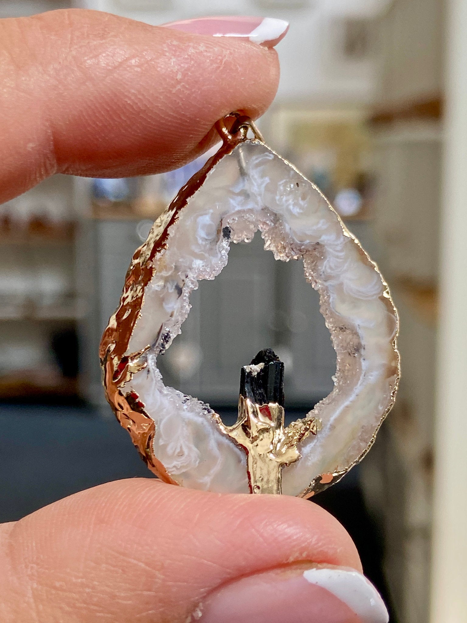 Tabasco Geode - Black Tourmaline Gold Gilded Pendant