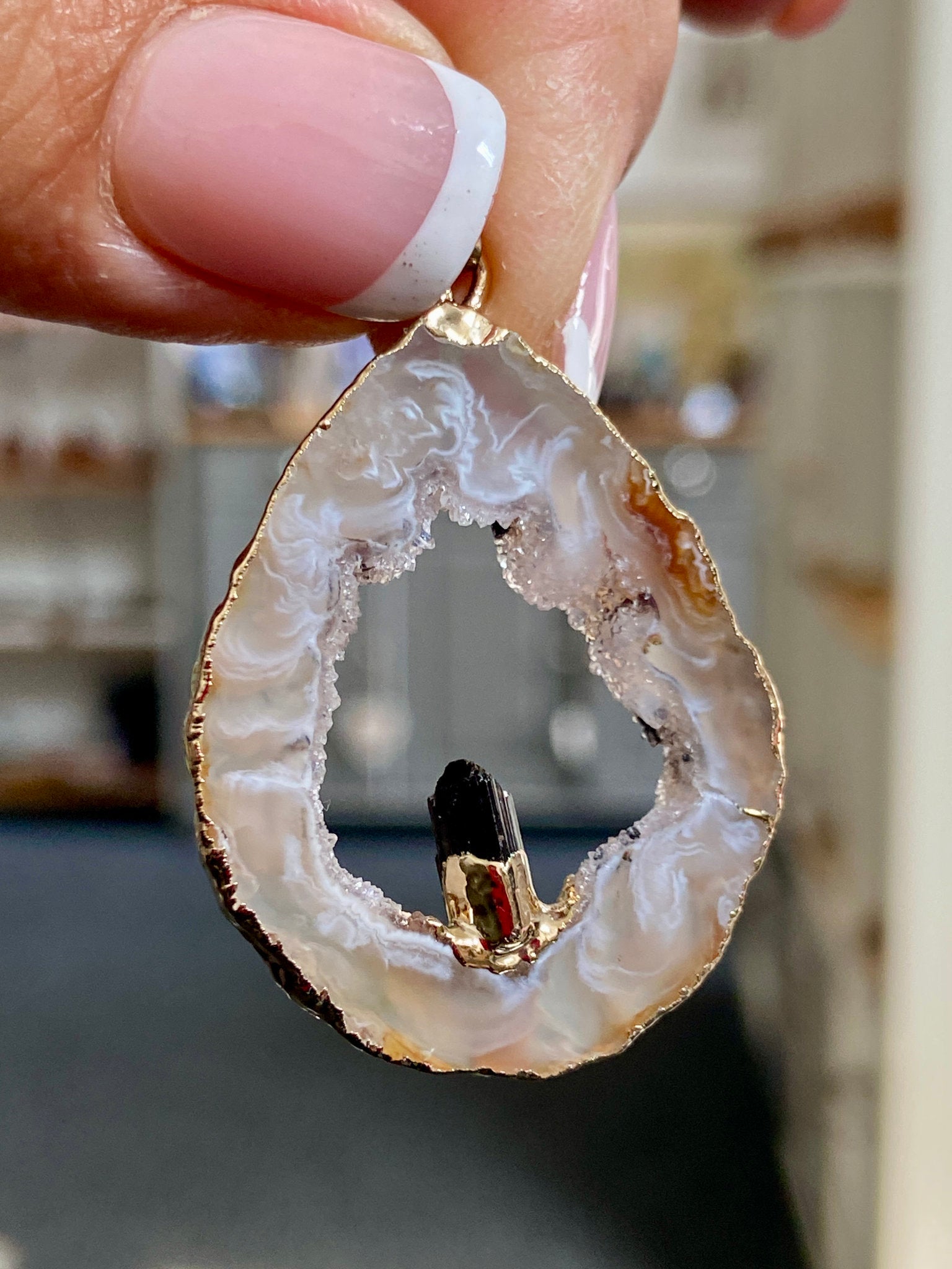 Tabasco Geode - Black Tourmaline Gold Gilded Pendant