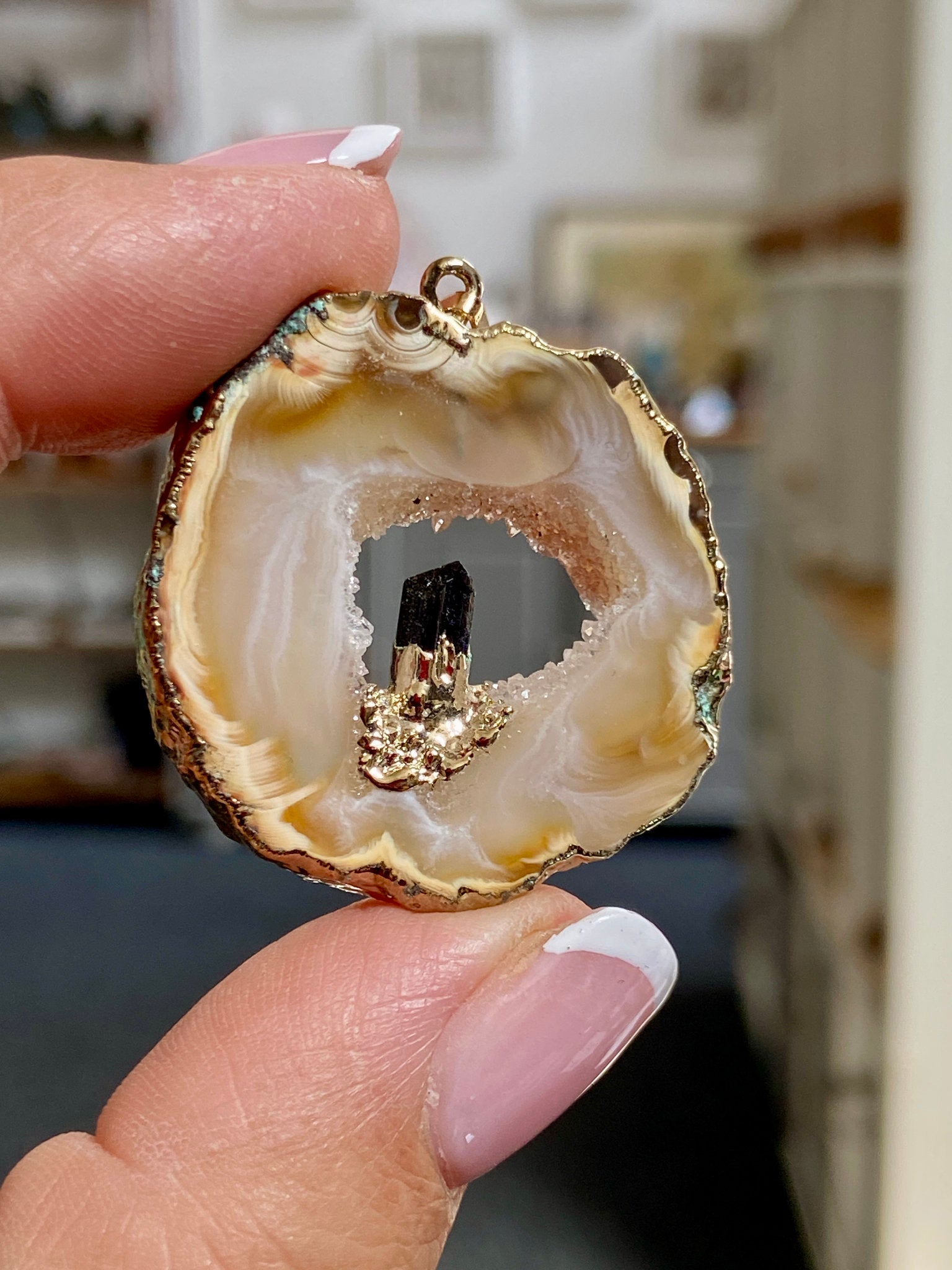 Tabasco Geode - Black Tourmaline Gold Gilded Pendant