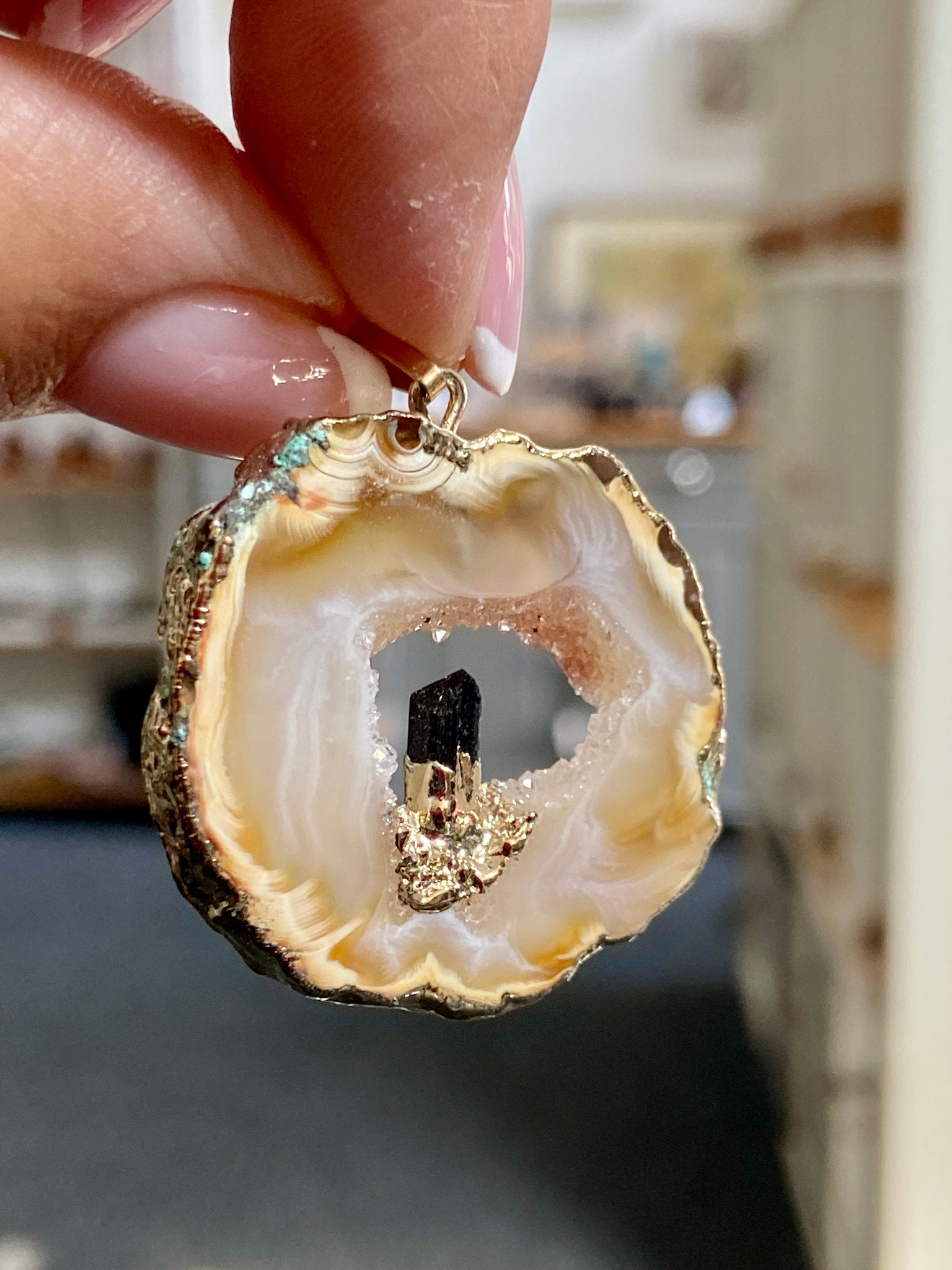 Tabasco Geode - Black Tourmaline Gold Gilded Pendant