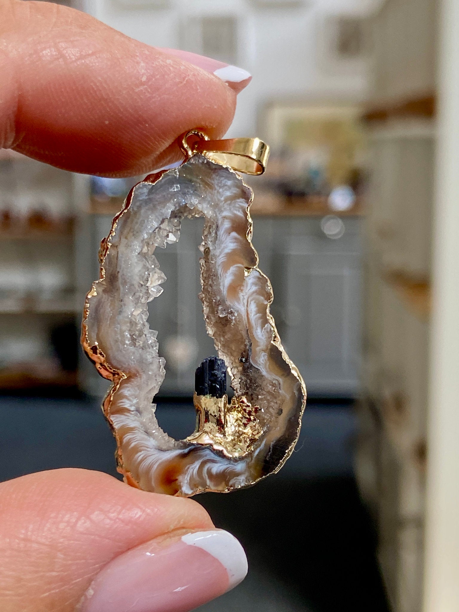 Tabasco Geode - Black Tourmaline Gold Gilded Pendant