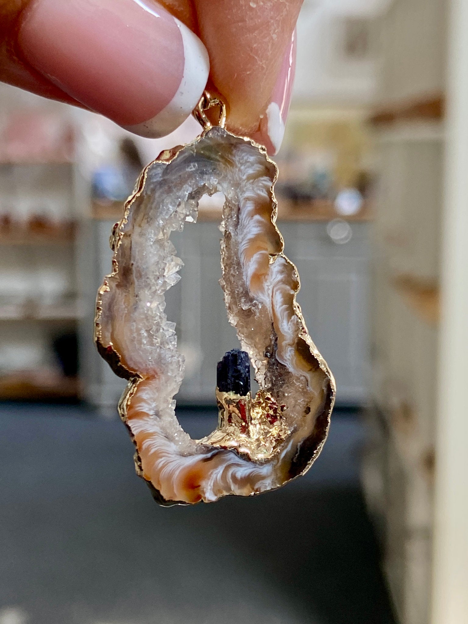 Tabasco Geode - Black Tourmaline Gold Gilded Pendant