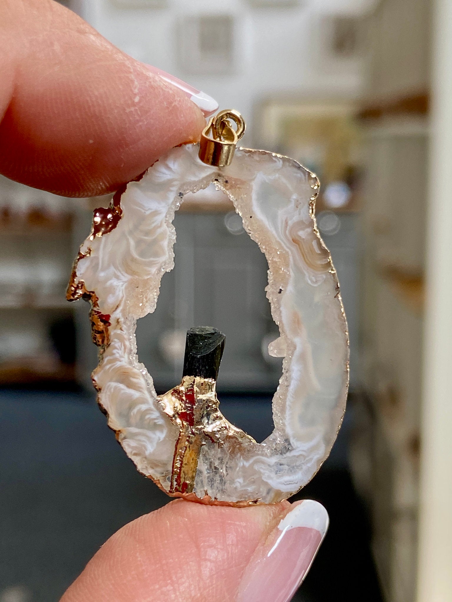 Tabasco Geode - Black Tourmaline Gold Gilded Pendant
