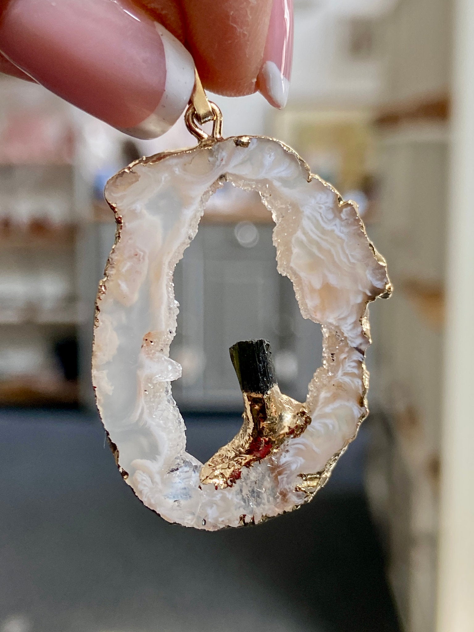 Tabasco Geode - Black Tourmaline Gold Gilded Pendant