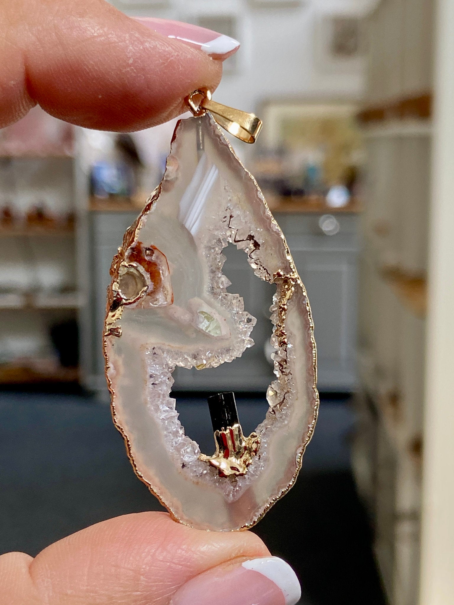 Tabasco Geode - Black Tourmaline Gold Gilded Pendant
